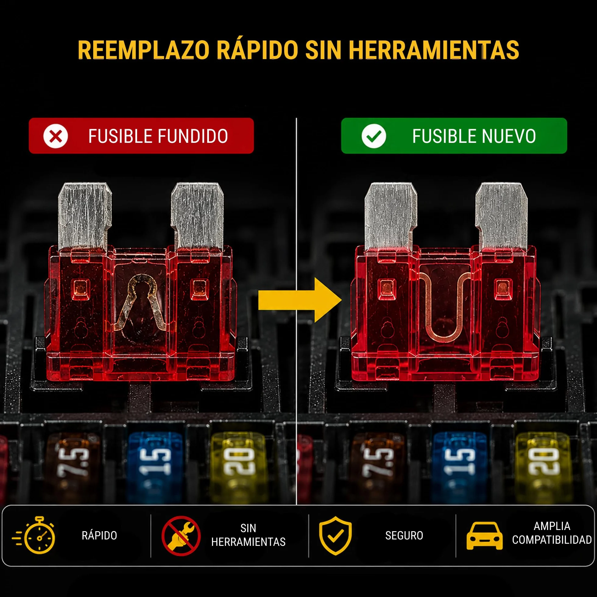 Fusibles de Cuchilla Tipo Europeo Kit 50 Piezas Surtido Mini y Estándar 3A-35A 12V 24V