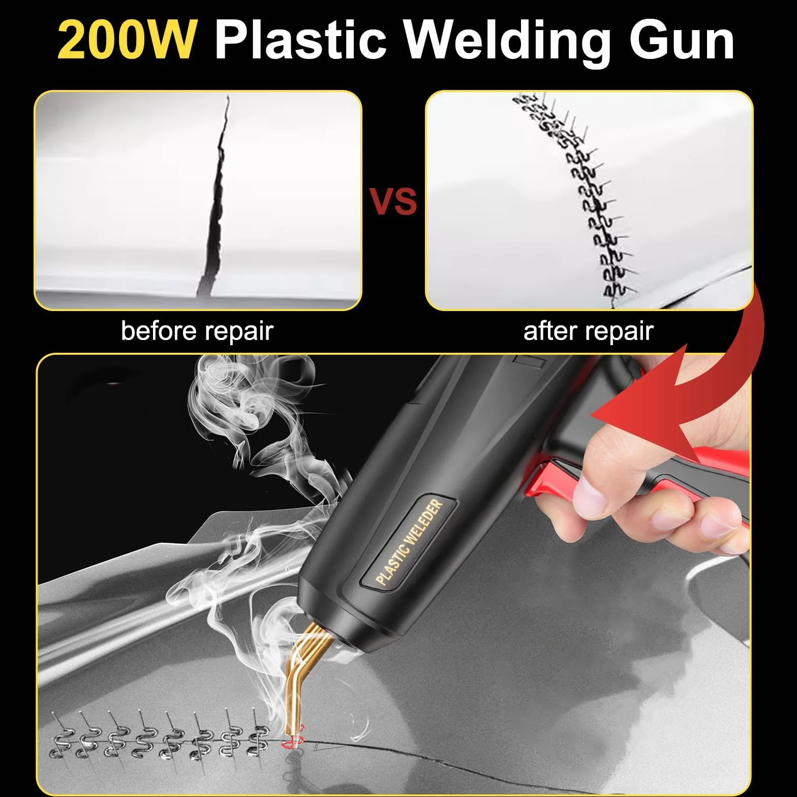 200W Soldador de Plástico,Plástico Soldadura Máquina con 900PCS Grapas,Kit de Reparación de Parachoques de Coche para la Reparación de Piezas de Plástico Automotrices
