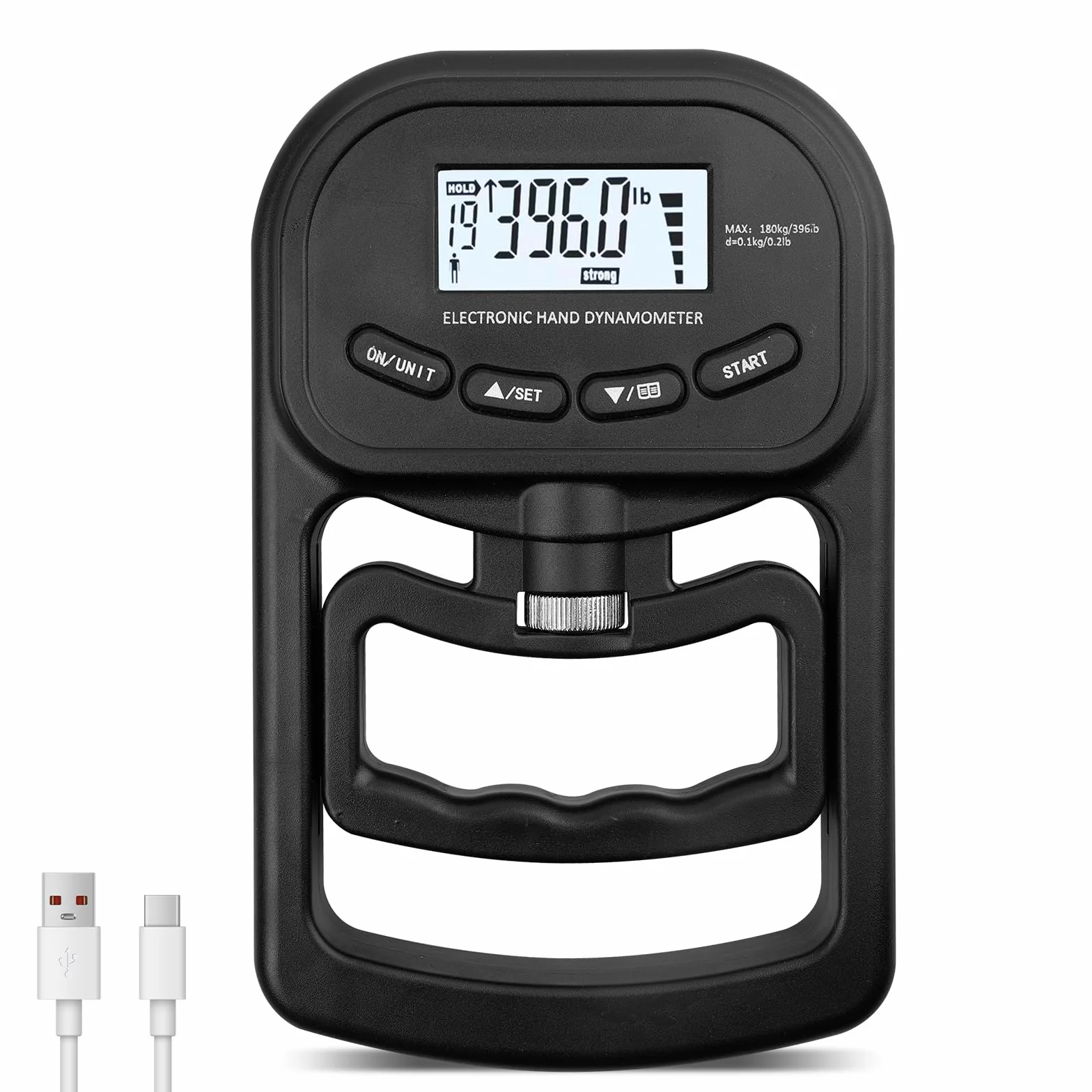 Medidor digital de mano de 396 lb/180 kg, dinamómetro electrónico, medidor de fuerza de agarre electrónico, pantalla LED Grip Strength Trainer con cable USB, medidor de fuerza de agarre inteligente