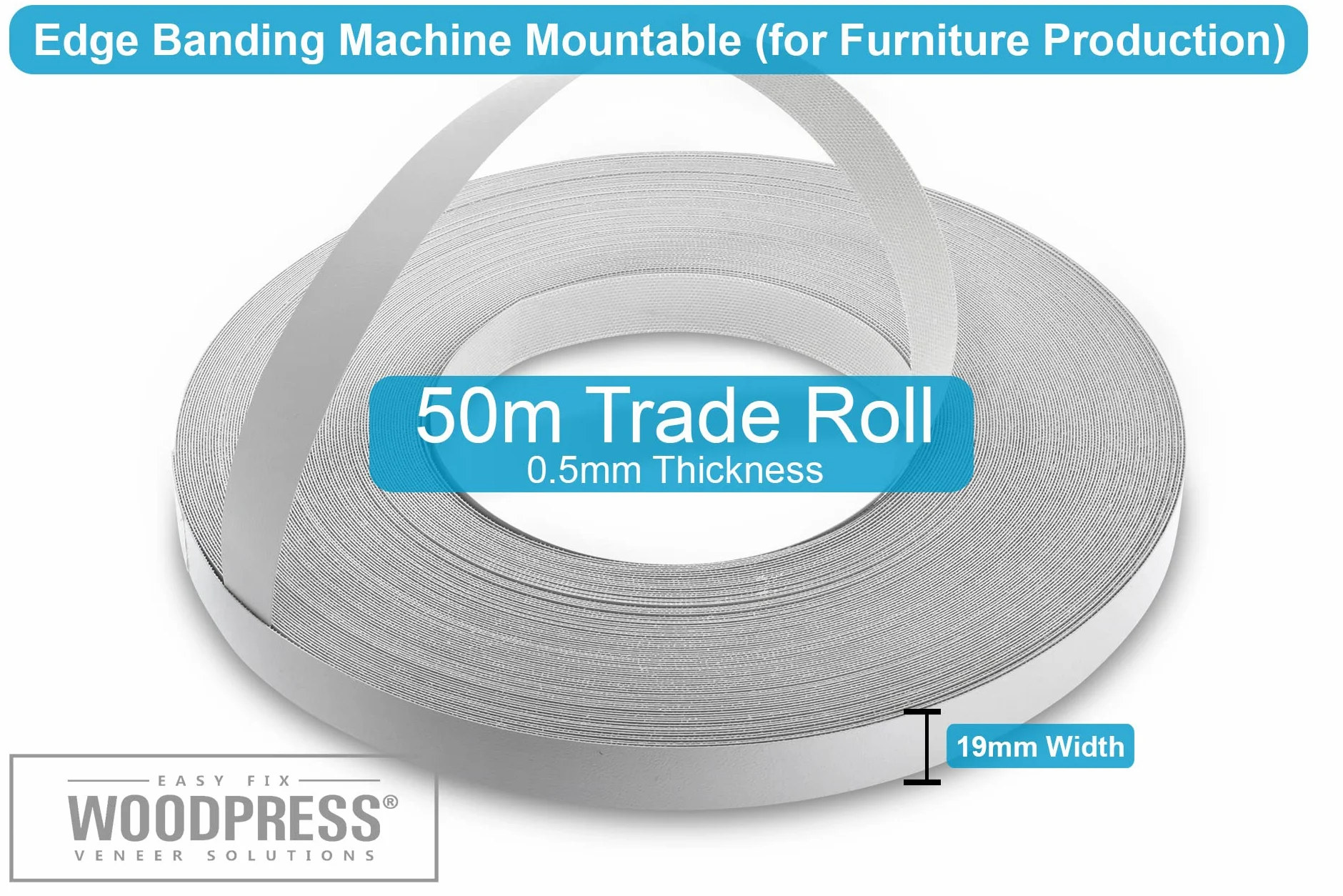 Cinta adhesiva de melamina gris perlado de 19 mm, rollo comercial de 50 m, aplicación de madera para planchar
