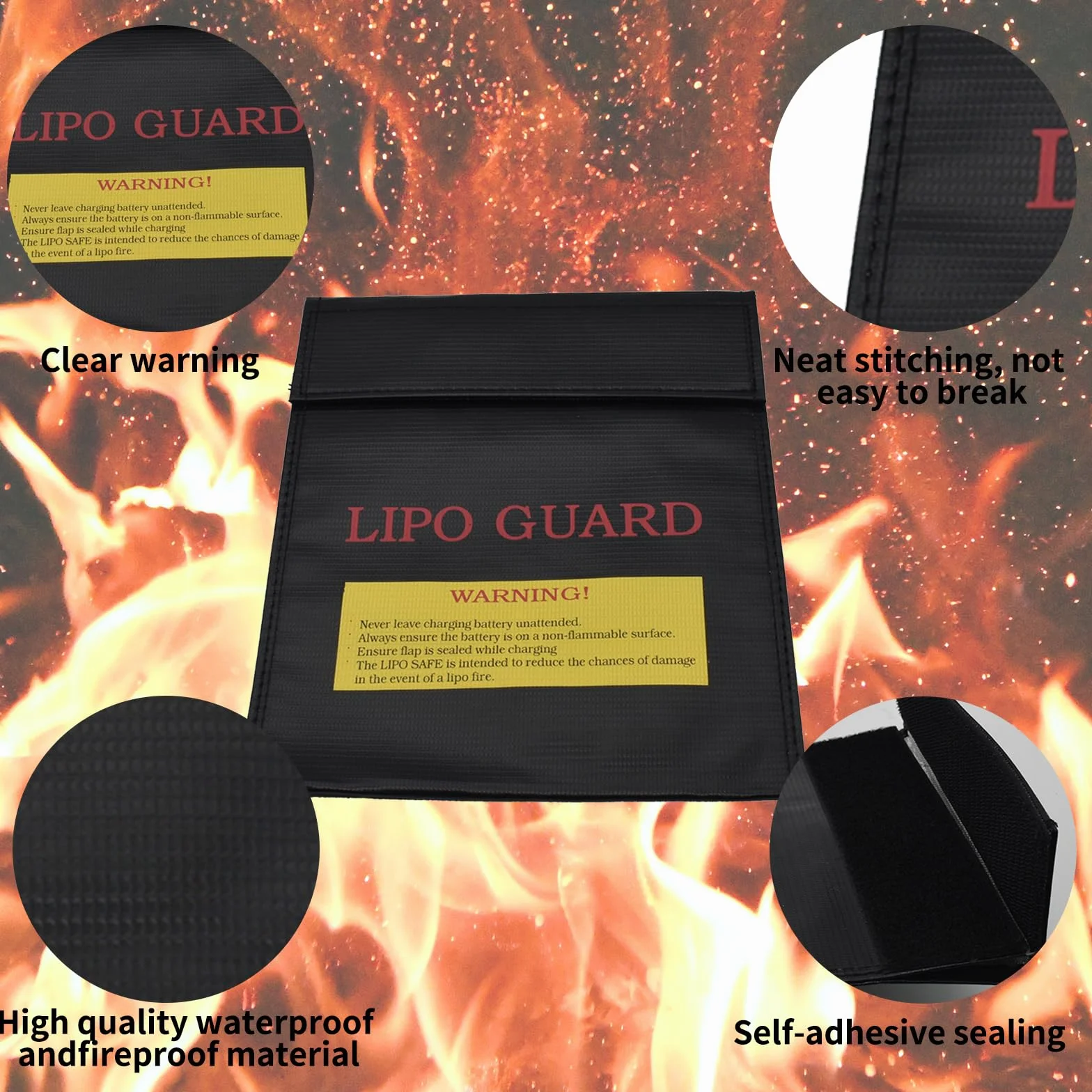 Bolsa de seguridad antiexplosión para batería LiPo – Bolsa ignífuga y resistente al agua, protección contra incendios para objetos preciosos, documentos y joyas (negro, 180 x 230 mm)
