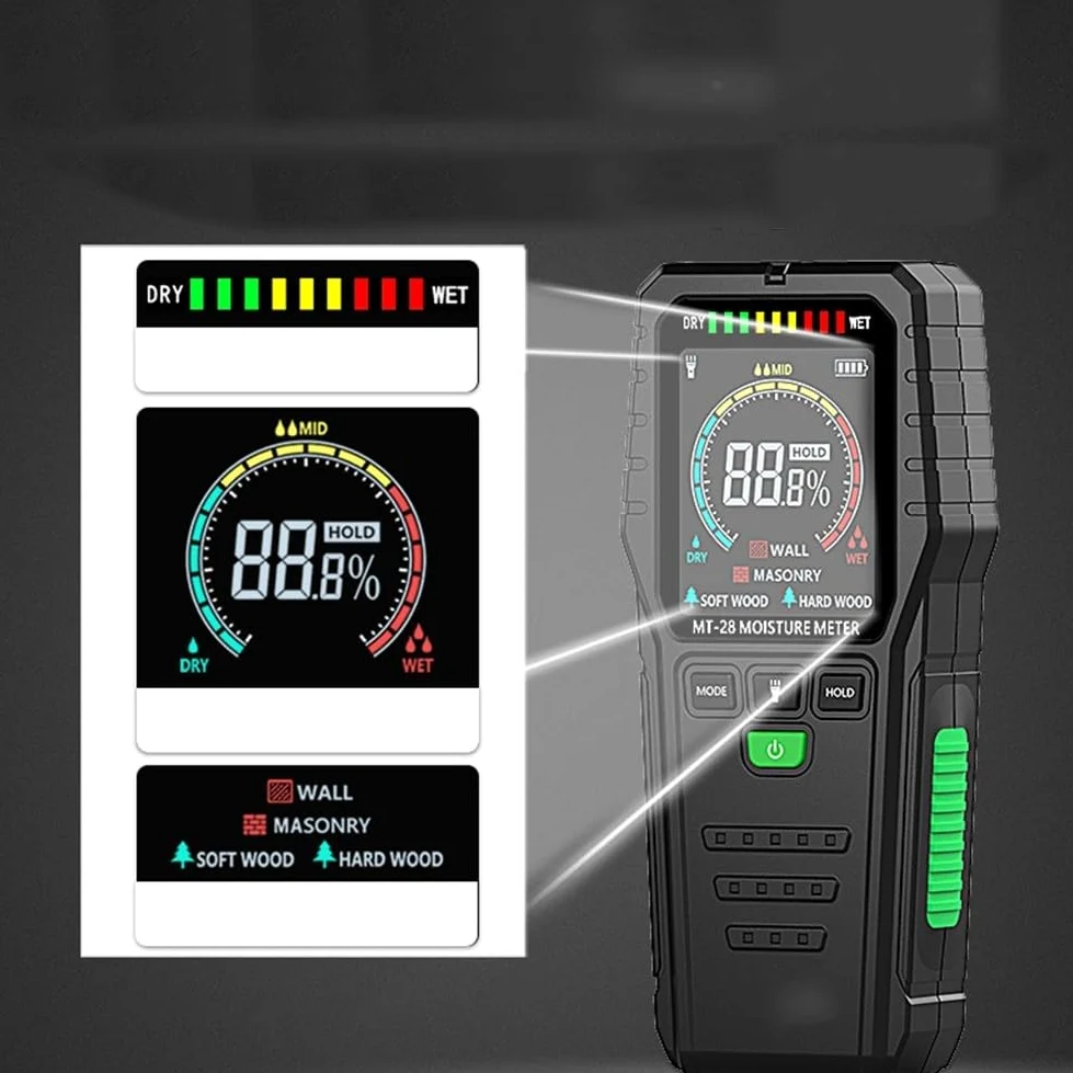 Medidor de humedad no invasivo Probador de madera sin pines con pantalla LCD para paneles de yeso, madera dura, detección de fugas, sensor de humedad de edificio, herramienta de suelo
