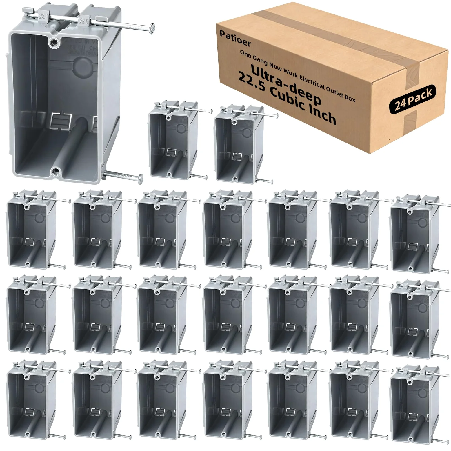 Caja de conexiones de PVC para interruptor de atenuación GFCI, ultra profunda, de 22.5 pulgadas cúbicas, 1 banda, para interruptor de atenuación GFCI, luz de paso, color gris (paquete de 24)