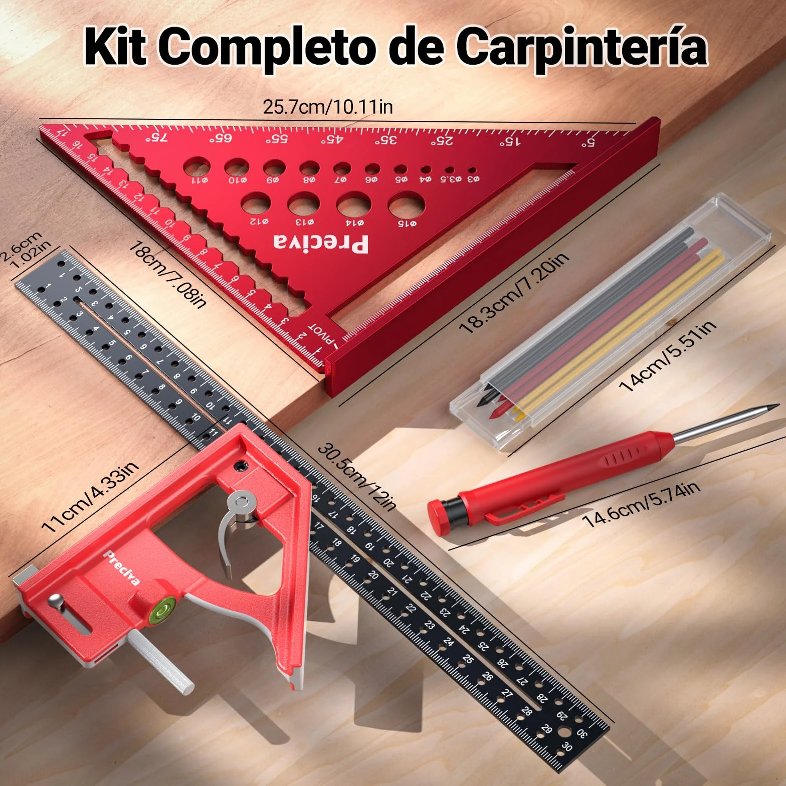 Kit de Carpintería, Escuadra Carpintero Multifuncional, Lápices de Carpintero con Sacapuntas y Estuche, Regla Metálica con Nivel Burbuja para Carpintero, Construcción, Dibujo