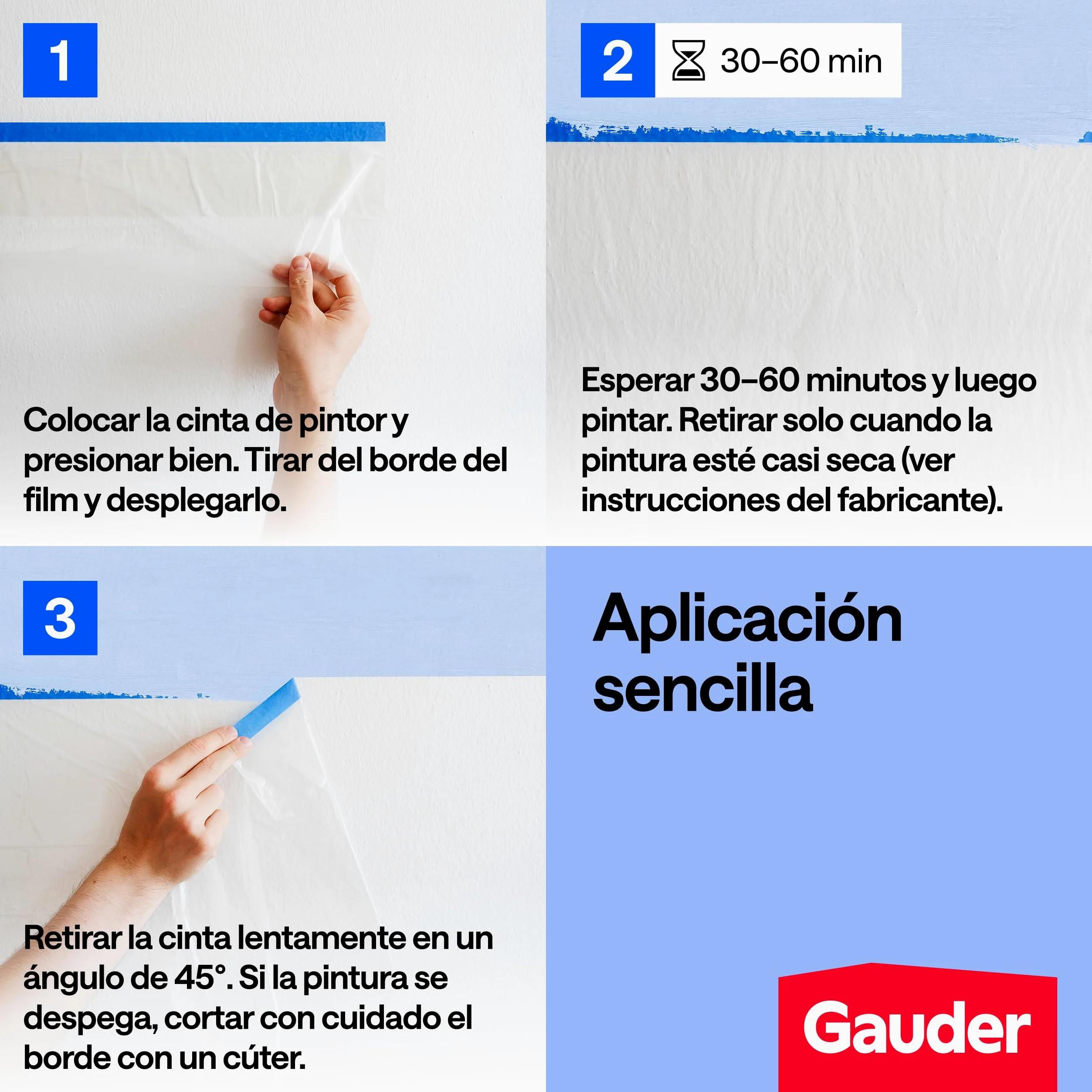 GAUDER Film protector con cinta adhesiva - 81 m² de plástico autoadhesivo - Para ventanas, puertas e interruptores (3 Rollos - 270 cm x 10 m)