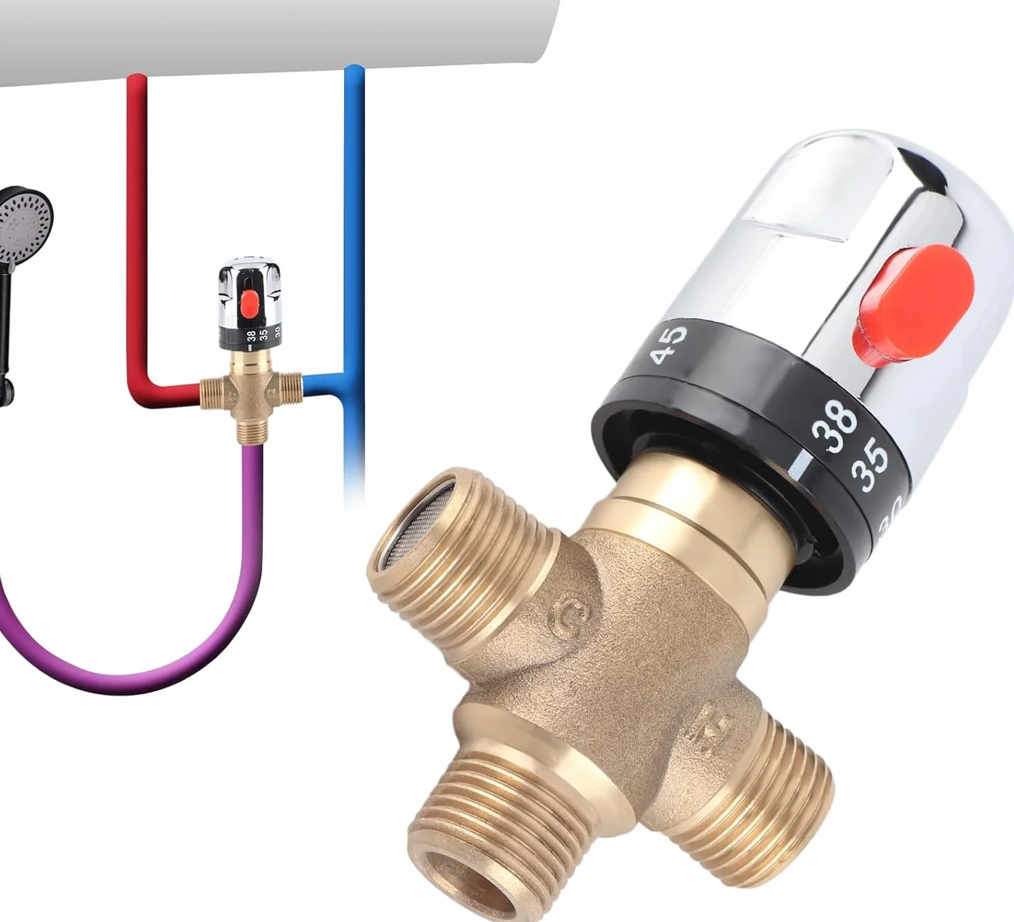 V¨¢Lvula Mezcladora Termost¨¢Tica De 3 V¨ªAs Lat¨®N Macizo Tubo Temperatura Sensible 15 Mm Mezclador Ducha Con Control Termos