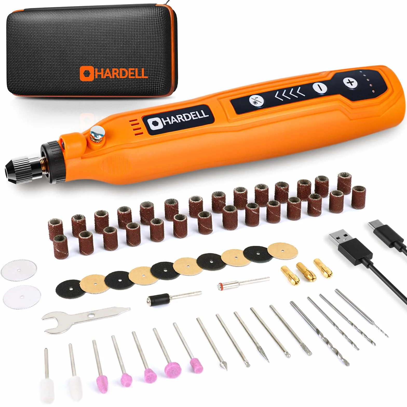 HARDELL Mini Amoladora Bateria Inalámbrica USB, Herramienta Rotativa Multifunción 4V con 61 Accesorios, 5 Velocidades para Manualidades, Modelismo, Pulir, Taladrar y Cortar - Kit de Regalo Bricolaje