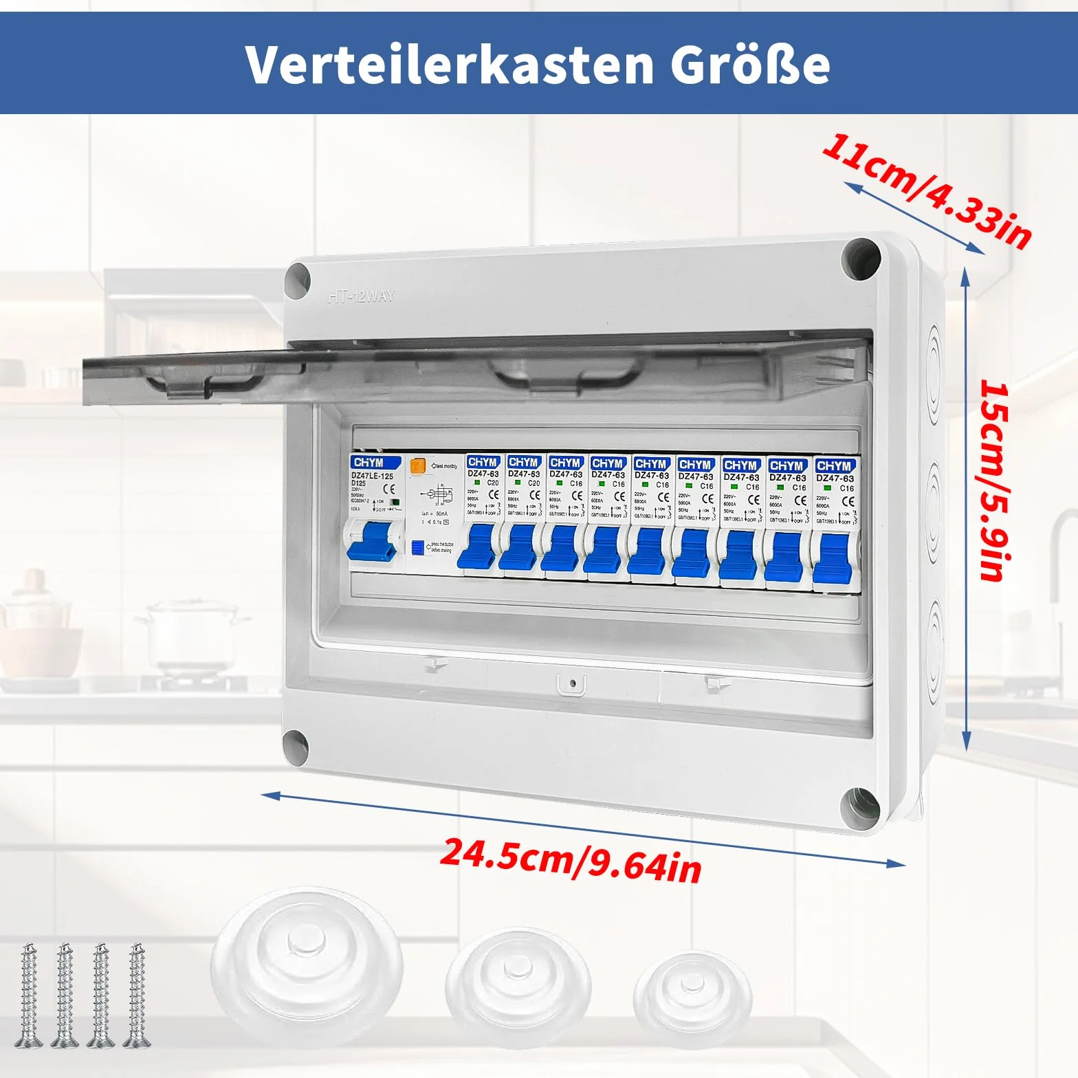 Caja de fusibles empotrada, Caja de distribución con interruptor diferencial, Caja de distribución eléctrica IP65 para caravanas/garajes/talleres/villas, interruptor automático 125 A, 7x16 A + 2x20 A