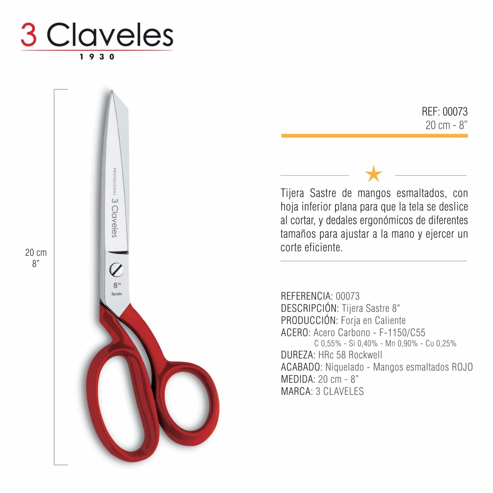 3Claveles 73 - Tijera sastresa de 8", níquel