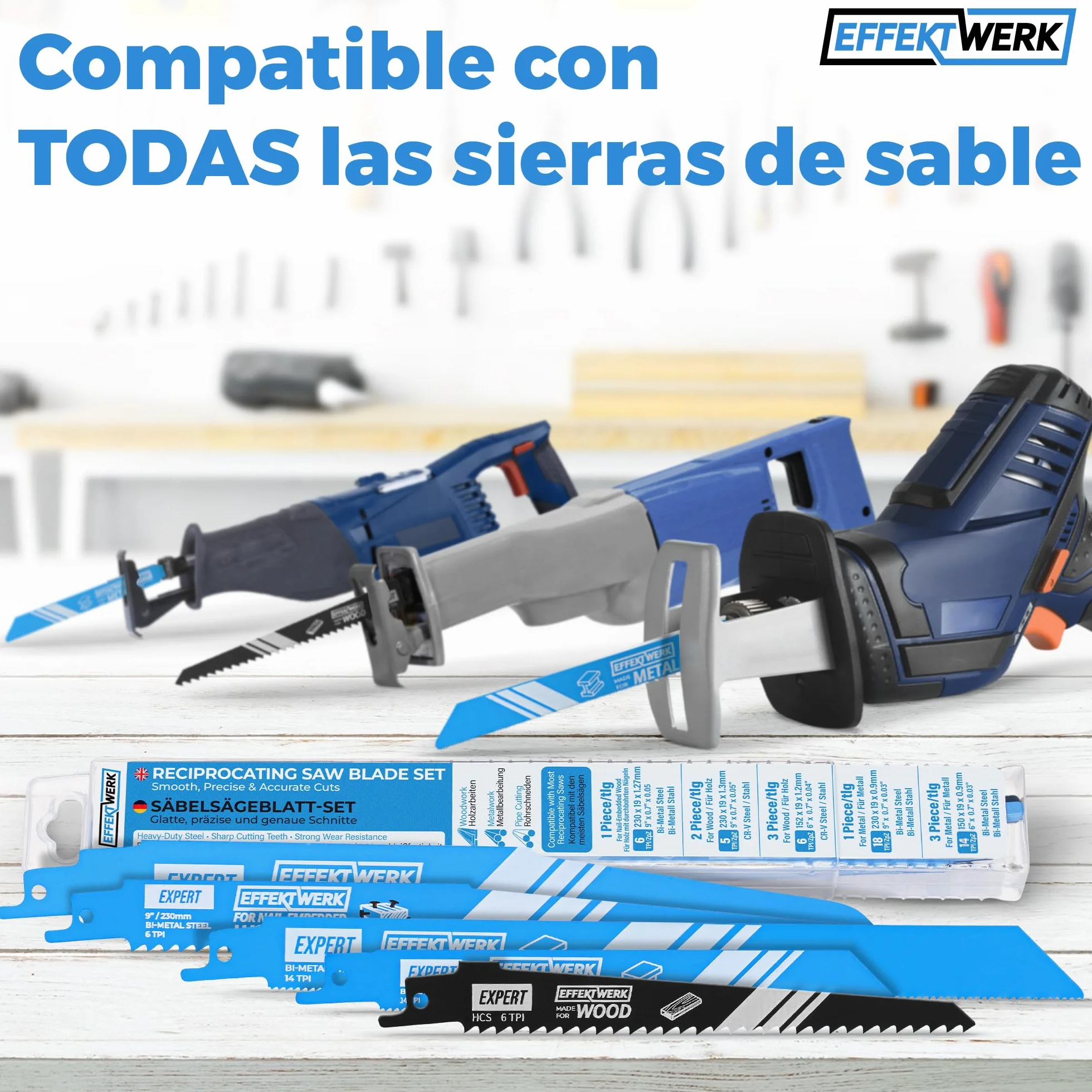 Juego de hojas de sierra recíproca 10 piezas acero HCS para madera, metal y plástico 6-18 TPI