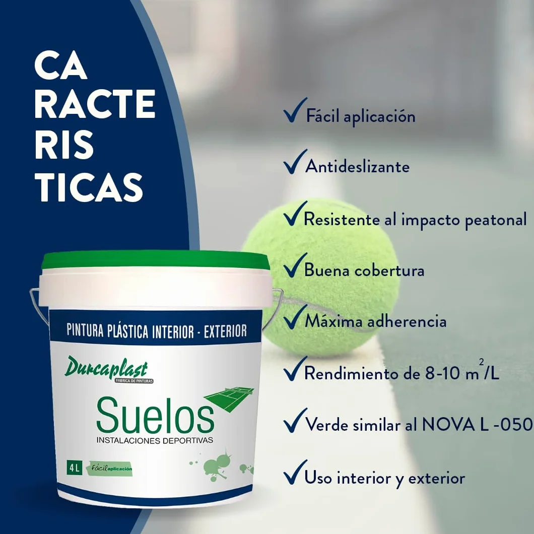pintura de suelos para pistas deportivas, garajes y pavimentos en general de hormigón, cemento, asfalto y mortero. Color Verde similar a NOVA L-050 Mate, 4 Litros.