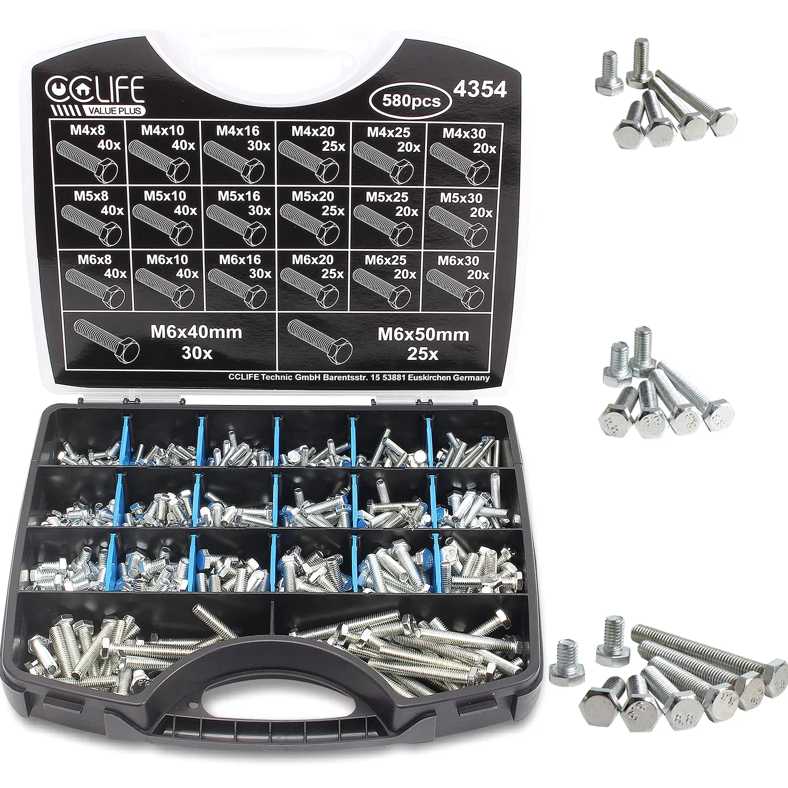 CCLIFE 580 piezas Juego de Tornillos Hexagonales Pernos Hexagonales Externo DIN 933 Galvanizados Tornillos, M4 M5 M6, 8-50mm