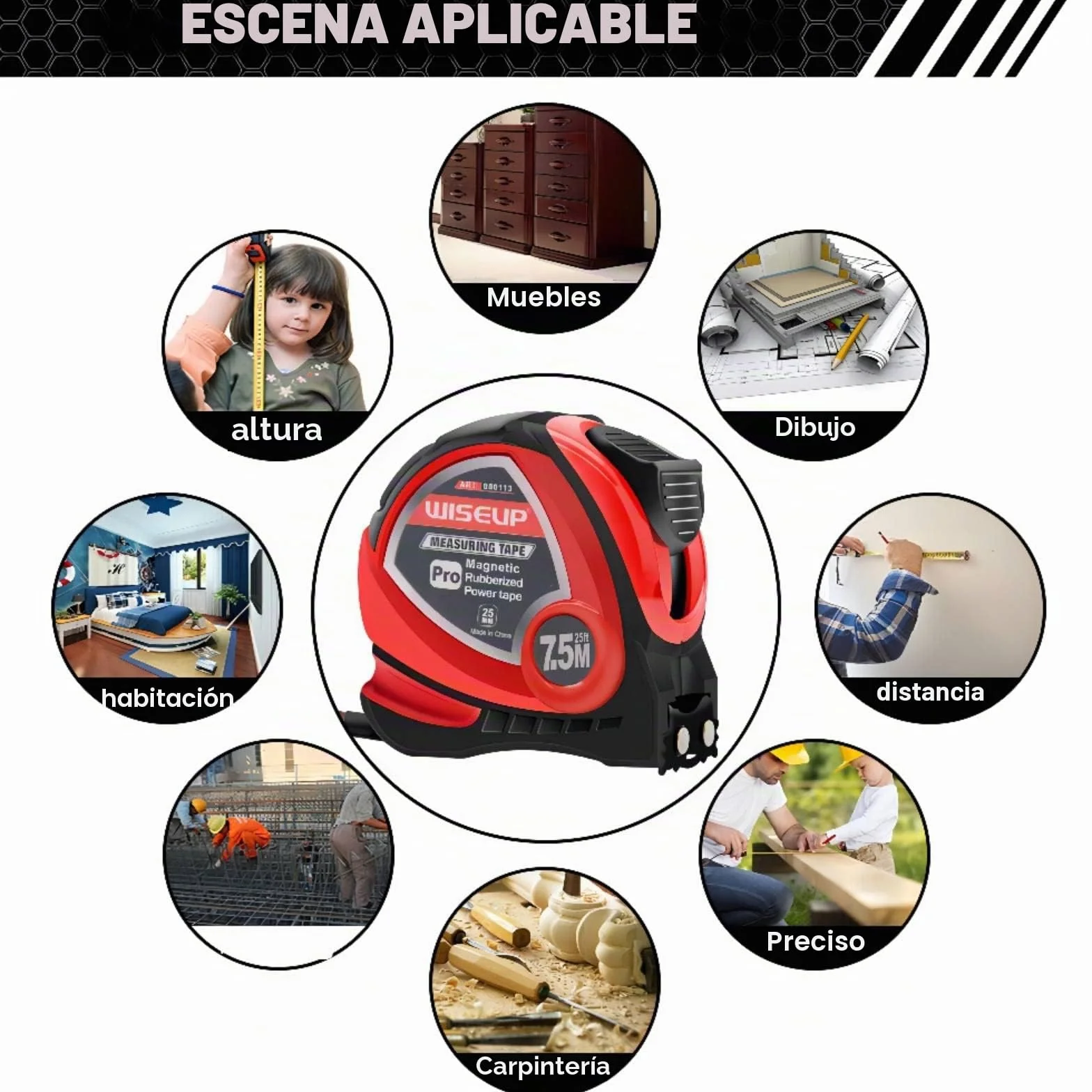 WISEUP Cinta métrica profesional 5 m, autobloqueo, carcasa ABS, clip cinturón