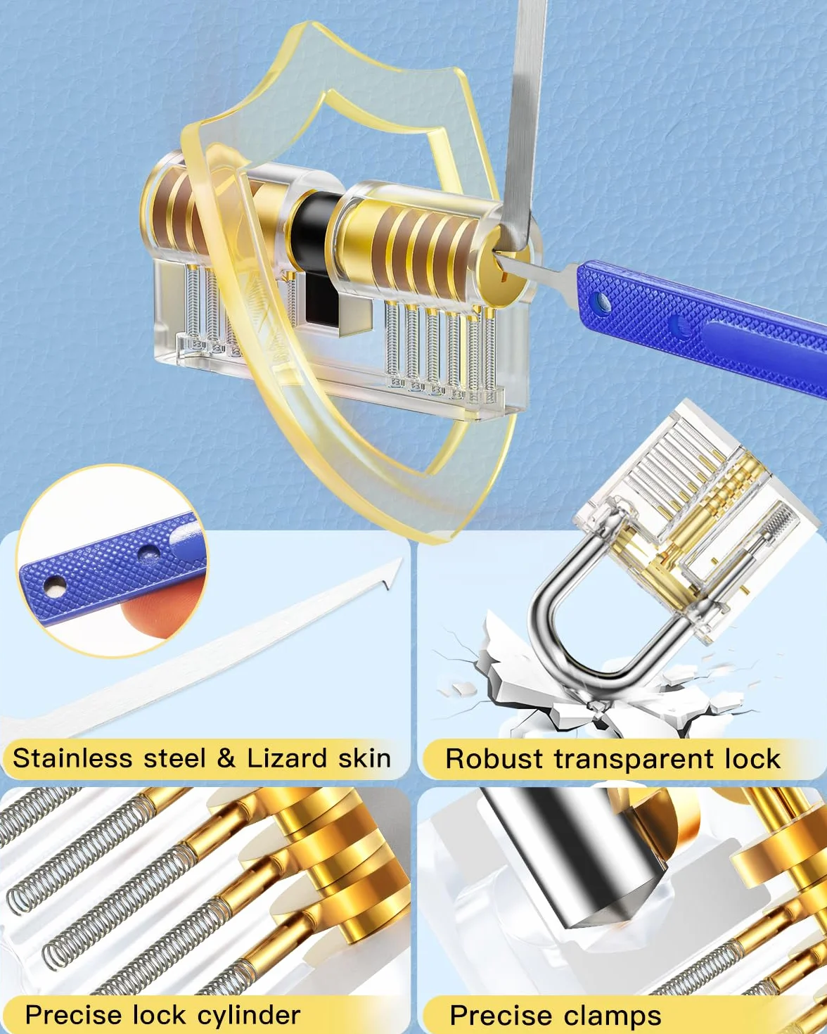 IPSXP Juego de Ganzúas 25 Piezas con 2 Cerraduras Transparente de Capacitación en Bolsa de Cuero Portátil, Lock Pick Set de Extracción para Principiantes y Cerrajeros Profesionales