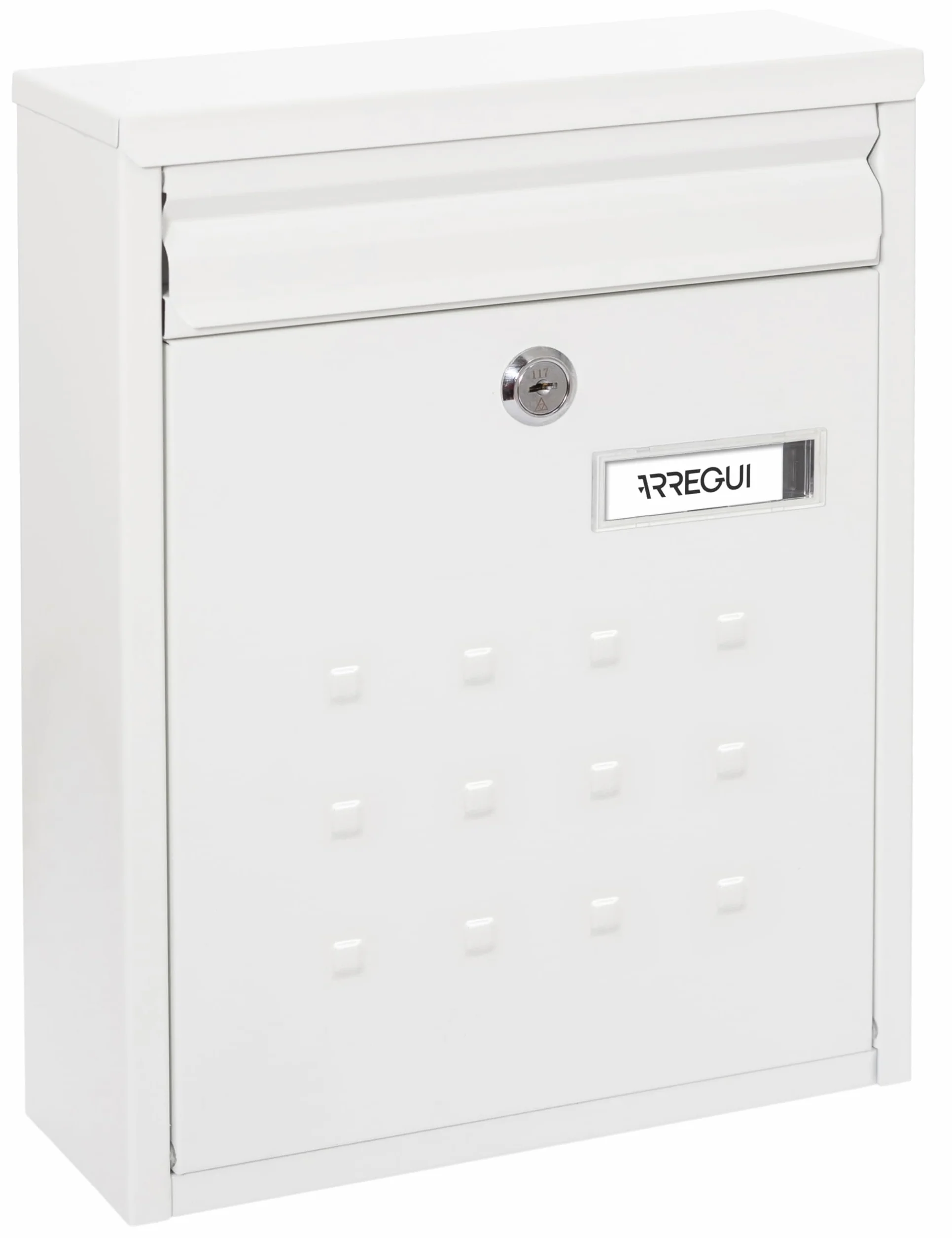 ARREGUI Buzón Exterior de Acero, Buzón de Correo Individual, Buzón de Pared Mediano, Agrupable, Fondo Estrecho, Fácil de Instalar, Blanco, Tamaño M (DIN A4) - 32 x 25 x 8cm