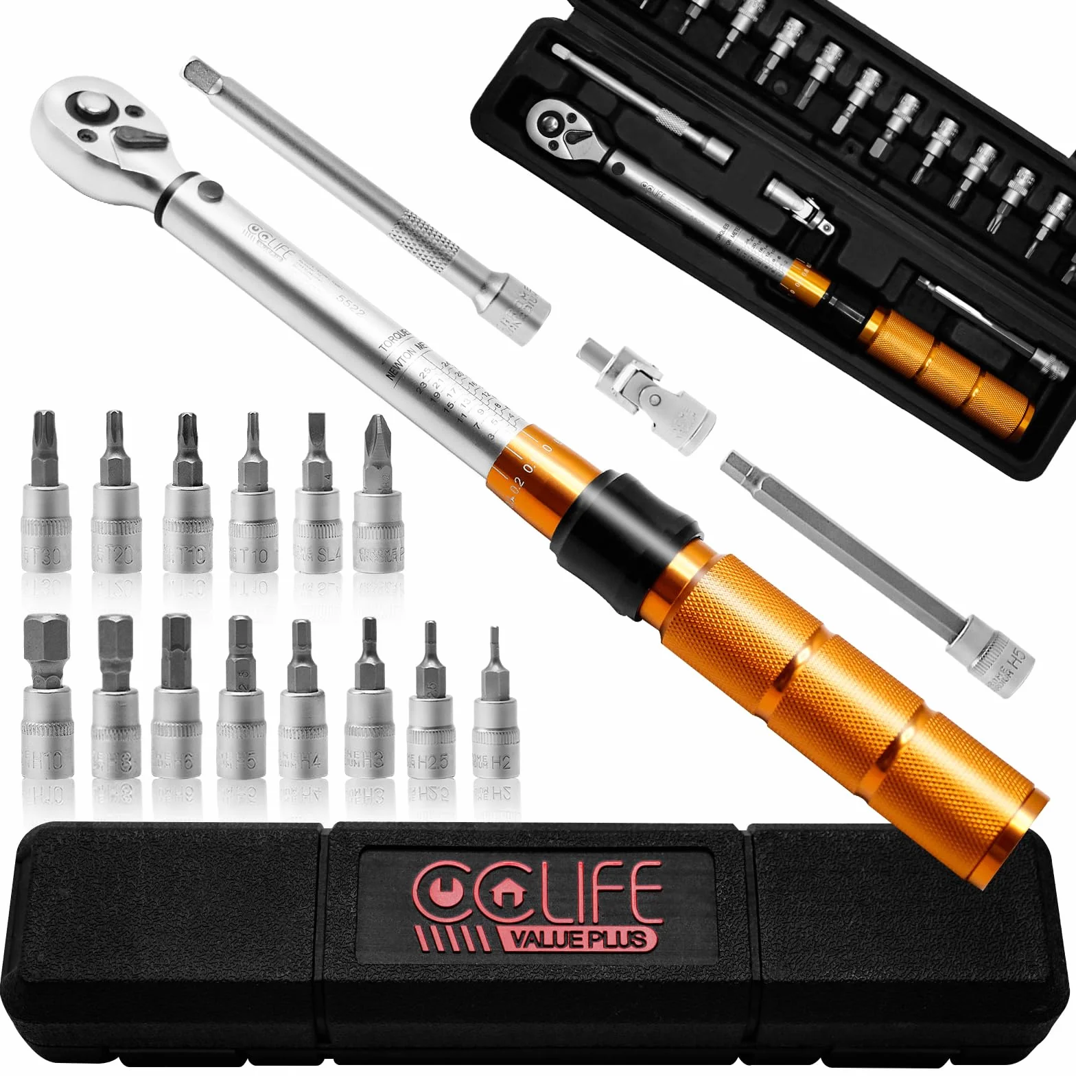 CCLIFE Llave Dinamométrica 1/4'', 1-25 Nm Llave de Torque, Kit de mantenimiento de 19 piezas para bicicletas y motocicletas, con 1/4'' CRV Hex y Torx Bits, Junta Universal, 100m Barra de Extensión