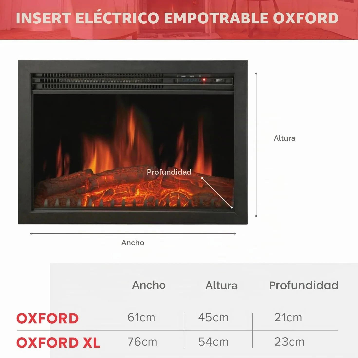 CHEMIN'ARTE Chimenea eléctrica empotrable Oxford con Efecto de Llama Leds - Chimenea eléctrica con calefacción – Inserto de Chimenea - Mando a Distancia - 61x20x45cm