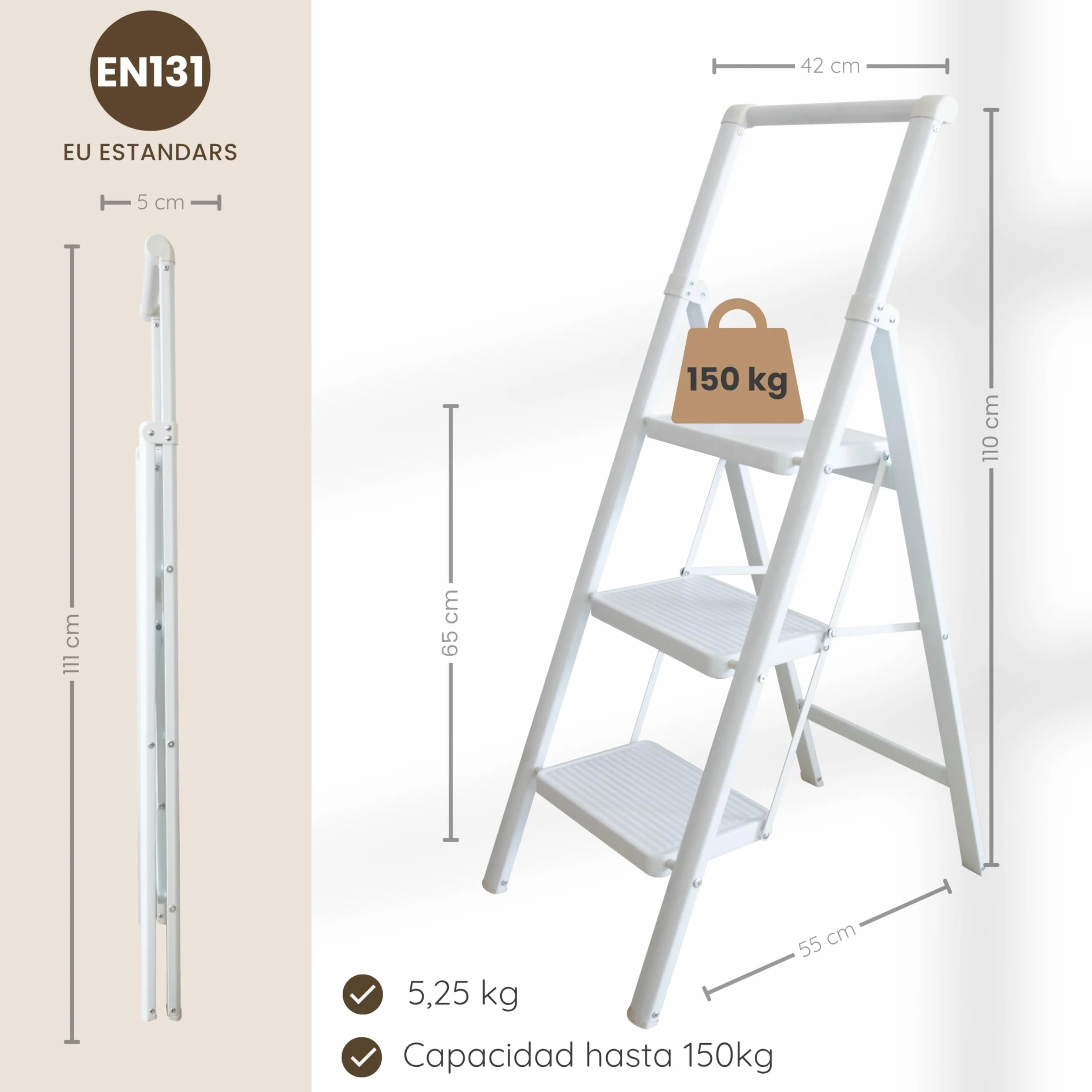 Escalera Plegable 3 peldaños Blanca, Liviana y Estable, peldaños Anchos Antideslizantes, EN 131 150 kg