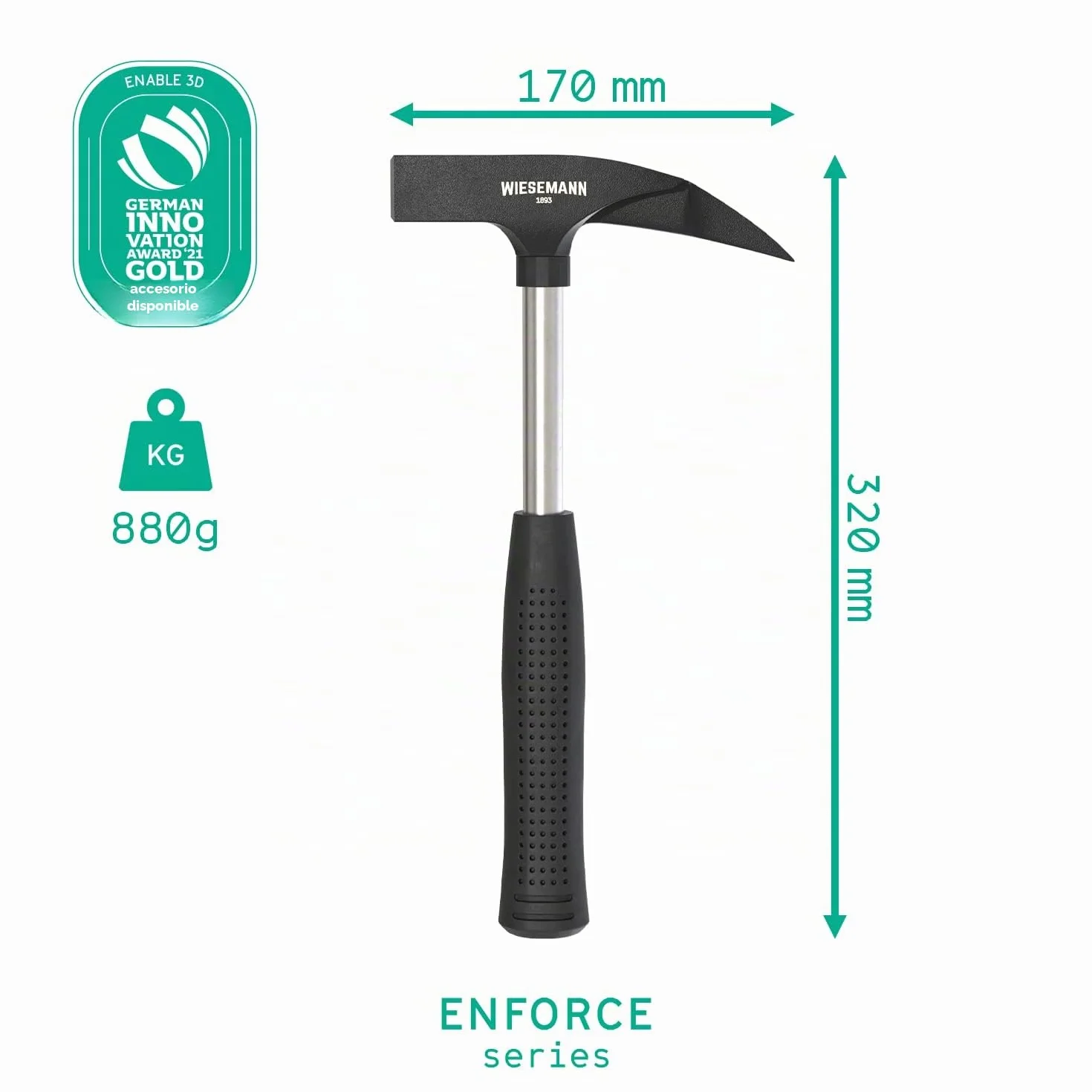 Martillo sacaclavos de 600 g de acero especial con imán de la ENFORCE Serie de WIESEMANN 1893 | Empuñadura rugosa de acero | 80577