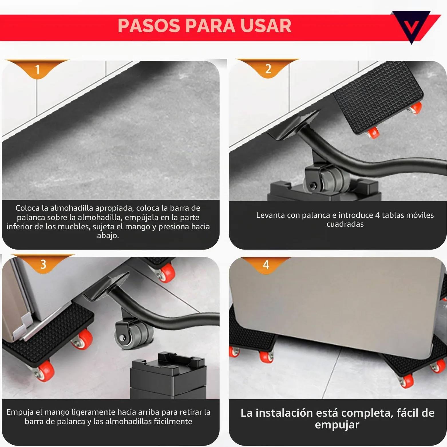 Juego de Elevador de Muebles, Ruedas para Mover Muebles con Barra de Extensión de 630 mm, 4 Ruedas 360 Grados para Muebles, Carga Máxima 500 kg, para Mover Refrigeradores, Sofás, Lavadoras, etc.