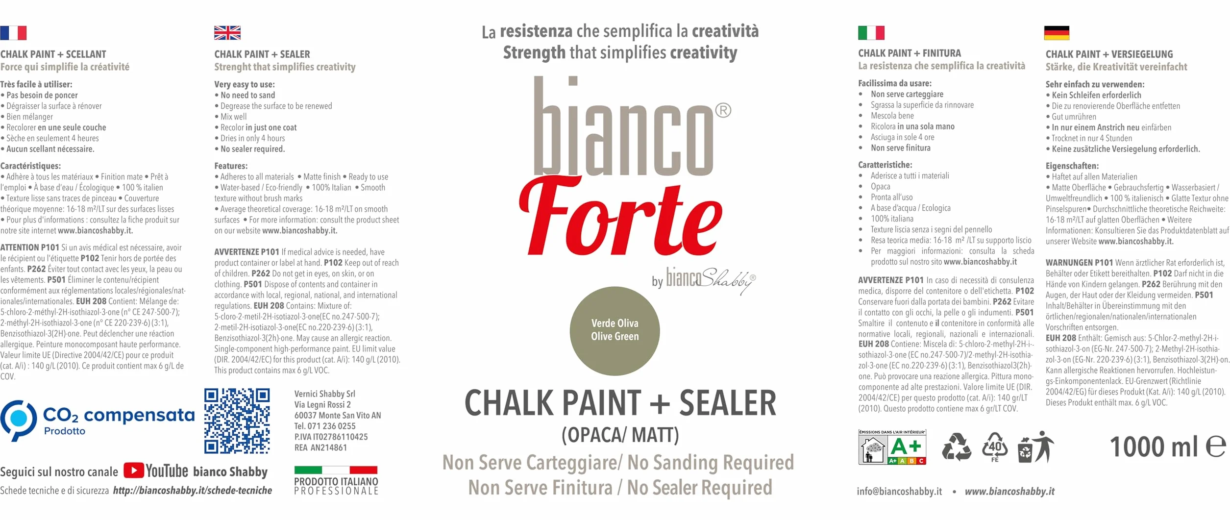 Bianco Forte - Verde Oliva - (1L) Pintura a la Tiza con Acabado/Protección 2 en 1: Chalk Paint Súper Resistente para Muebles, Paredes y Puertas – Secado Rápido, Interior/Exterior, Mate