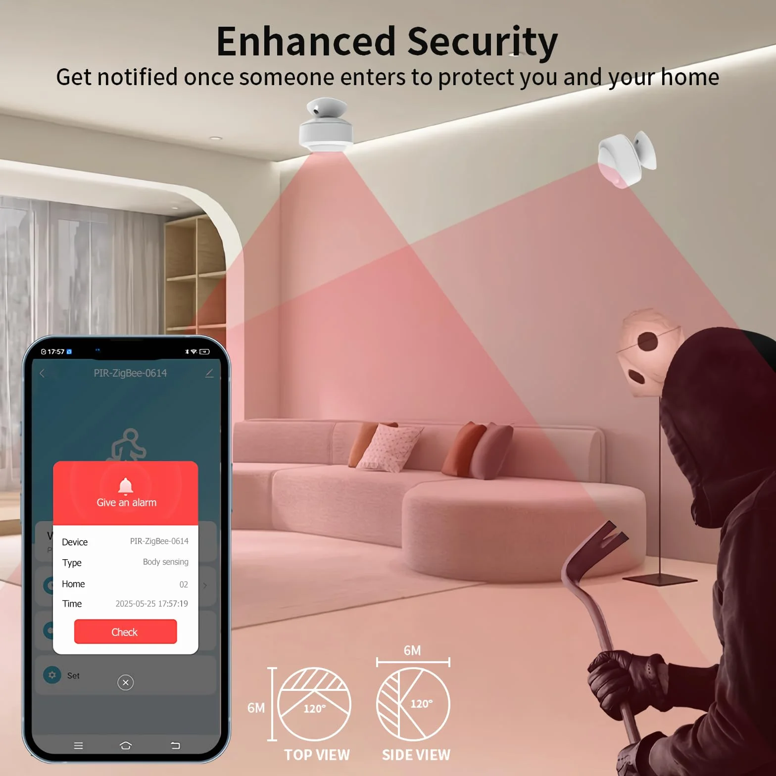 Zigbee 3.0 Human Presence Sensor, Detector de Movimiento Zigbee 3.0, Detector de Movimiento, Sensor de Alarma Antirrobo, Ángulo detección 120º, Control App, Support Alexa, Smart Life, Tuya