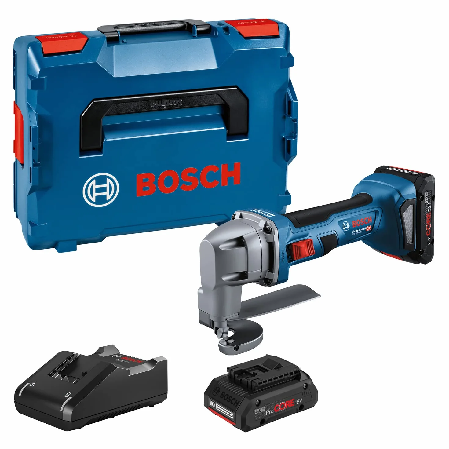Bosch Professional 18V System cizalla a batería GSC 18V-16 E (potencia 700 W, ancho agarre 156 mm, tecnología motor sin escobillas, incl. 2 baterías 4.0Ah ProCORE, cargador rápido GAL 18V-40, L-BOXX)