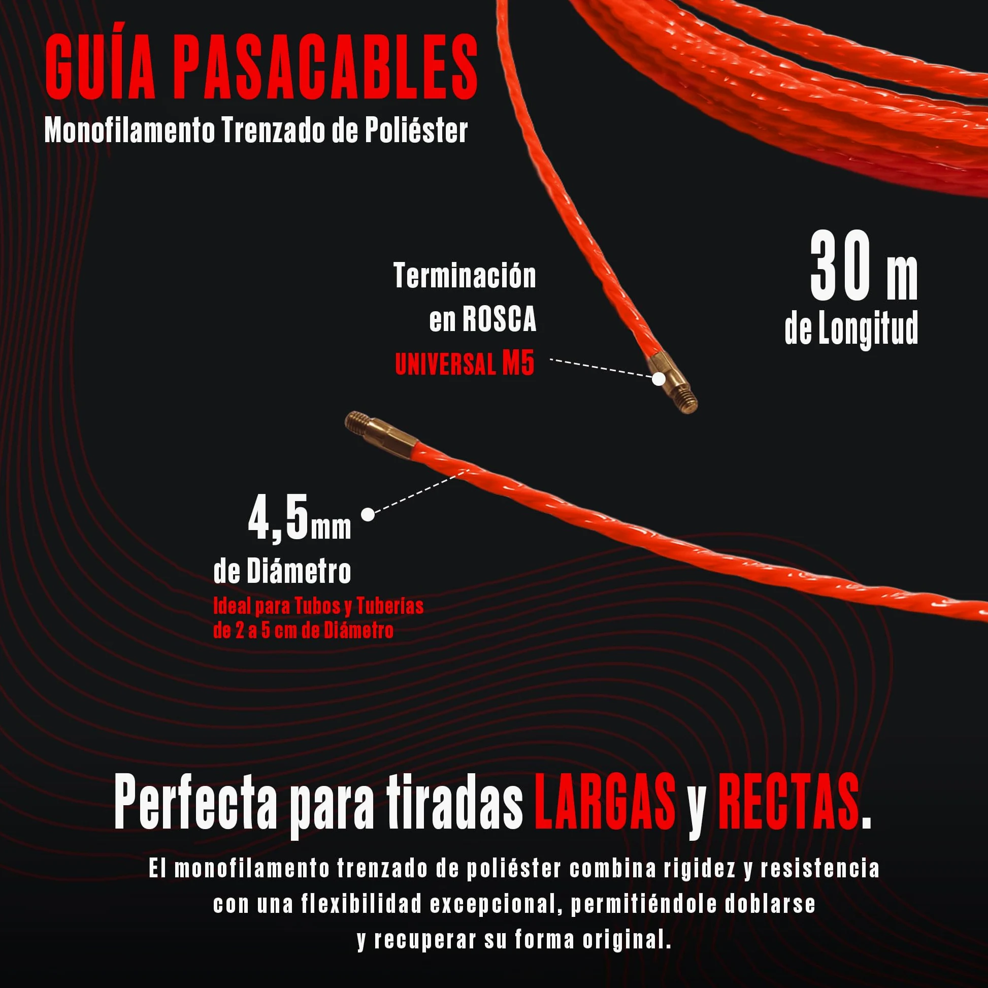 Guía Pasacables Profesional de 30m y 4.5 mm | Monofilamento Trenzado de Poliéster | Tirador Ergonómico y 3 Terminales Intercambiables | Herramienta para Electricistas y Bricolaje