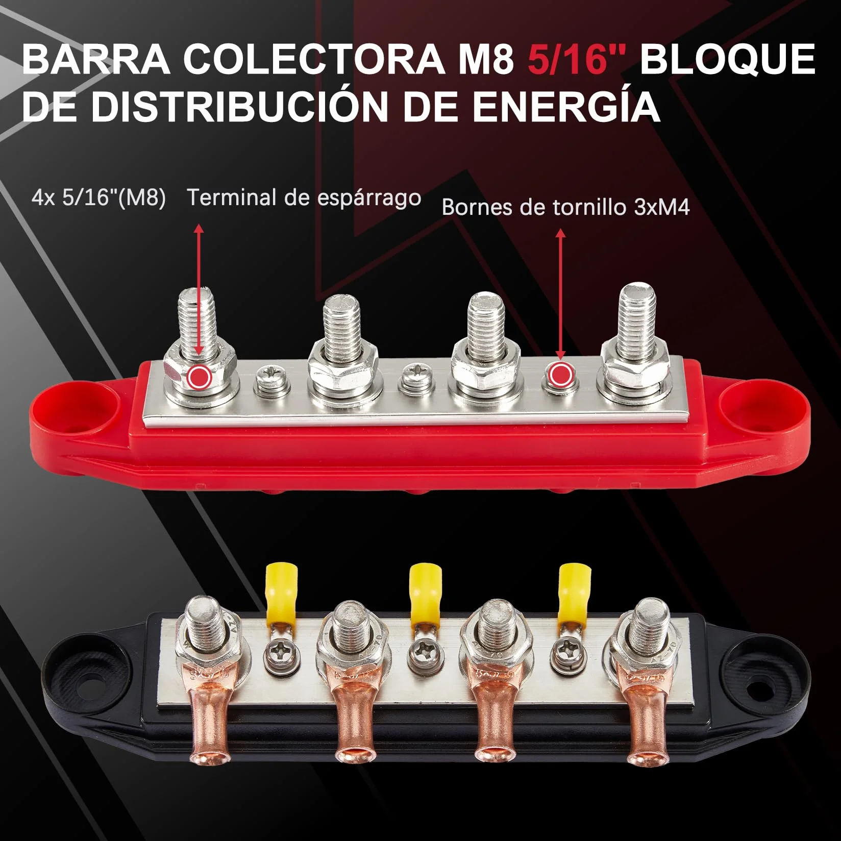Pindex Bloque Colector M8 250 A CC 12 V-48 V Con 4 Pernos de Terminales M8, Bloque de Distribución de Corriente M8, Barra Colectora de 12 V para Autocaravanas Barcos Yates Coche RV Camión