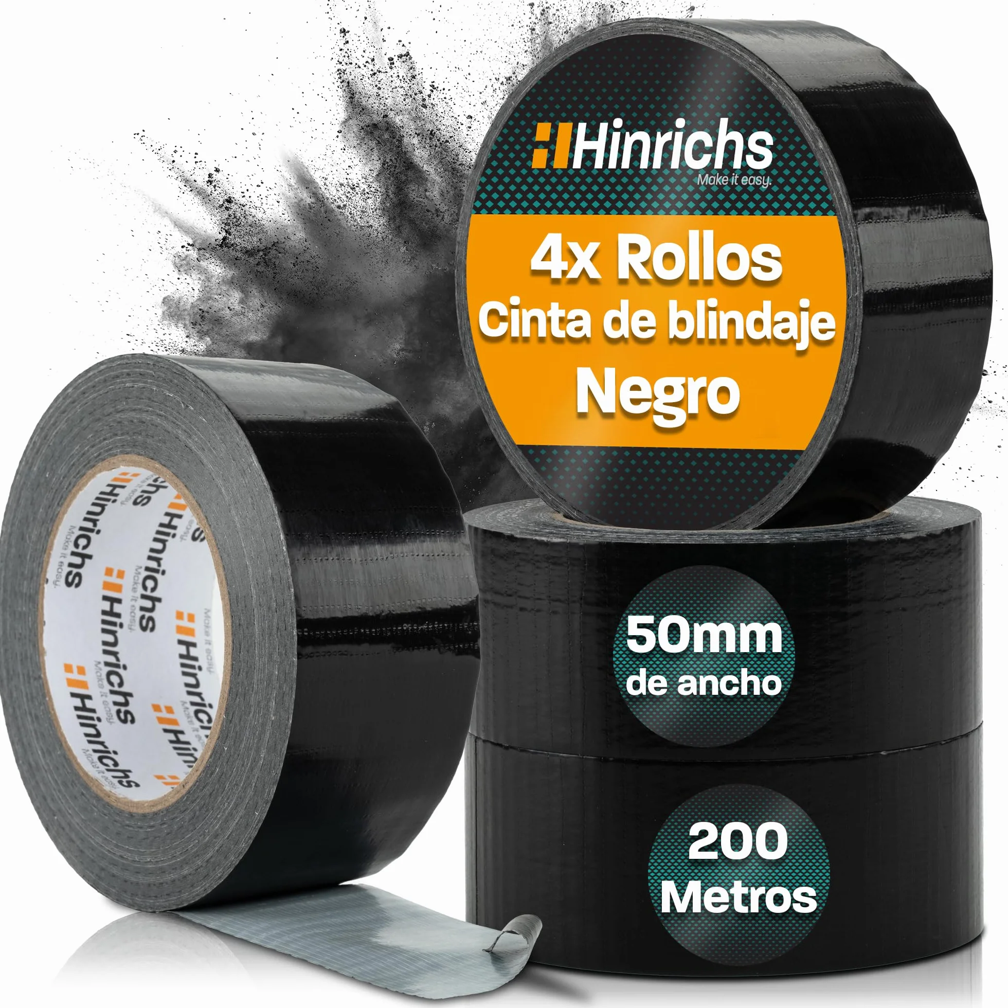 Hinrichs Cinta Americana Negra 4 Rollos 50m x 50mm – Cinta Adhesiva Impermeable y Extra Fuerte – Herramientas Lluvia y Reparaciones – Cinta Multiusos para Bricolaje, Embalajes y Uso Exterior Duradero