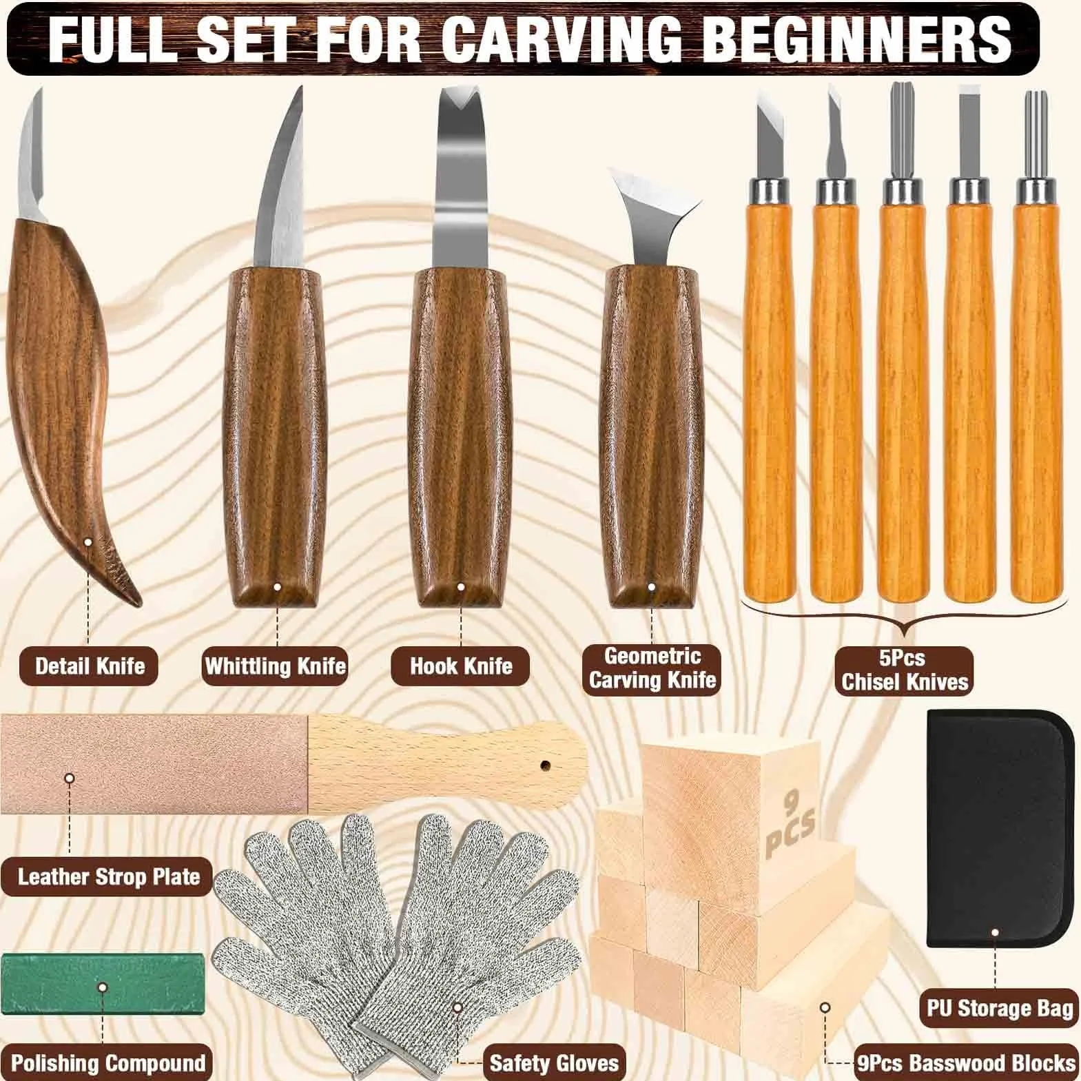 K KERNOWO - Juego de herramientas de carpintería 23 piezas, kit de tallado de madera para amantes del bricolaje principiantes, incluye bloques de madera de tilo, bolsa de almacenamiento de PU