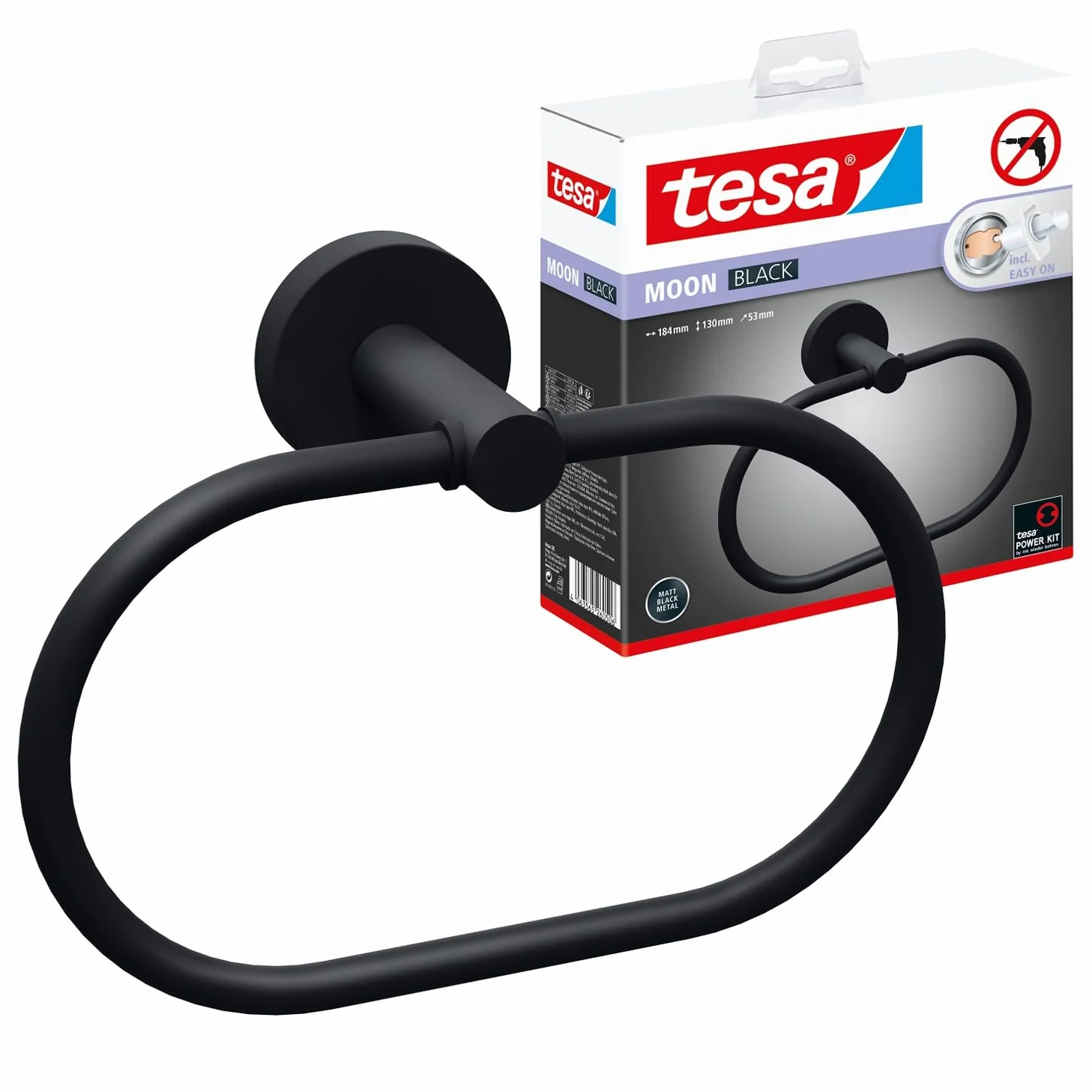 tesa Anilla de Toallas Moon Black Negro Mate autoadhesiva 53 mm x 184 mm x 130 mm