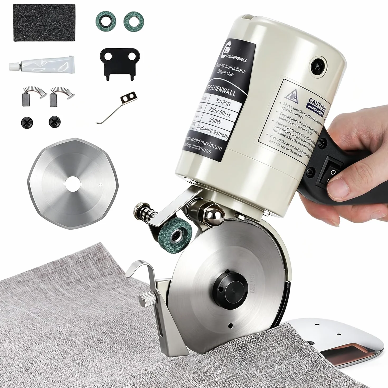 CGOLDENWALL YJ-90B Cortador de Tela Industrial Eléctrico Portátil丨30mm Grosor Máximo de Corte丨90mm Tamaño de Cuchilla丨Ideal para Textil Cuero Papel con Cuchilla Repuesto