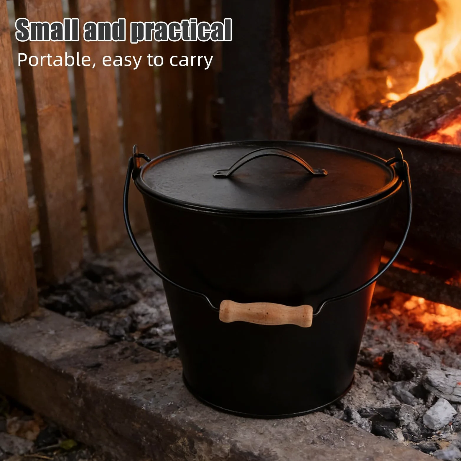 Hemobllo Cubo de Metal Negro para Cenizas con Tapa Segura y Asa de Madera, Adecuado para Estufas de Leña y Quemadores de Interior, para Recolectar Cenizas