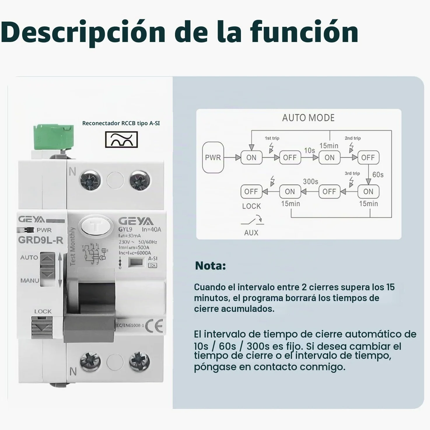 GEYA Disyuntores automáticos de fugas de reconexión RCD electromagnéticos (Reconectador AC220V+A-SI Tipo RCCB 2P-40A-30mA)
