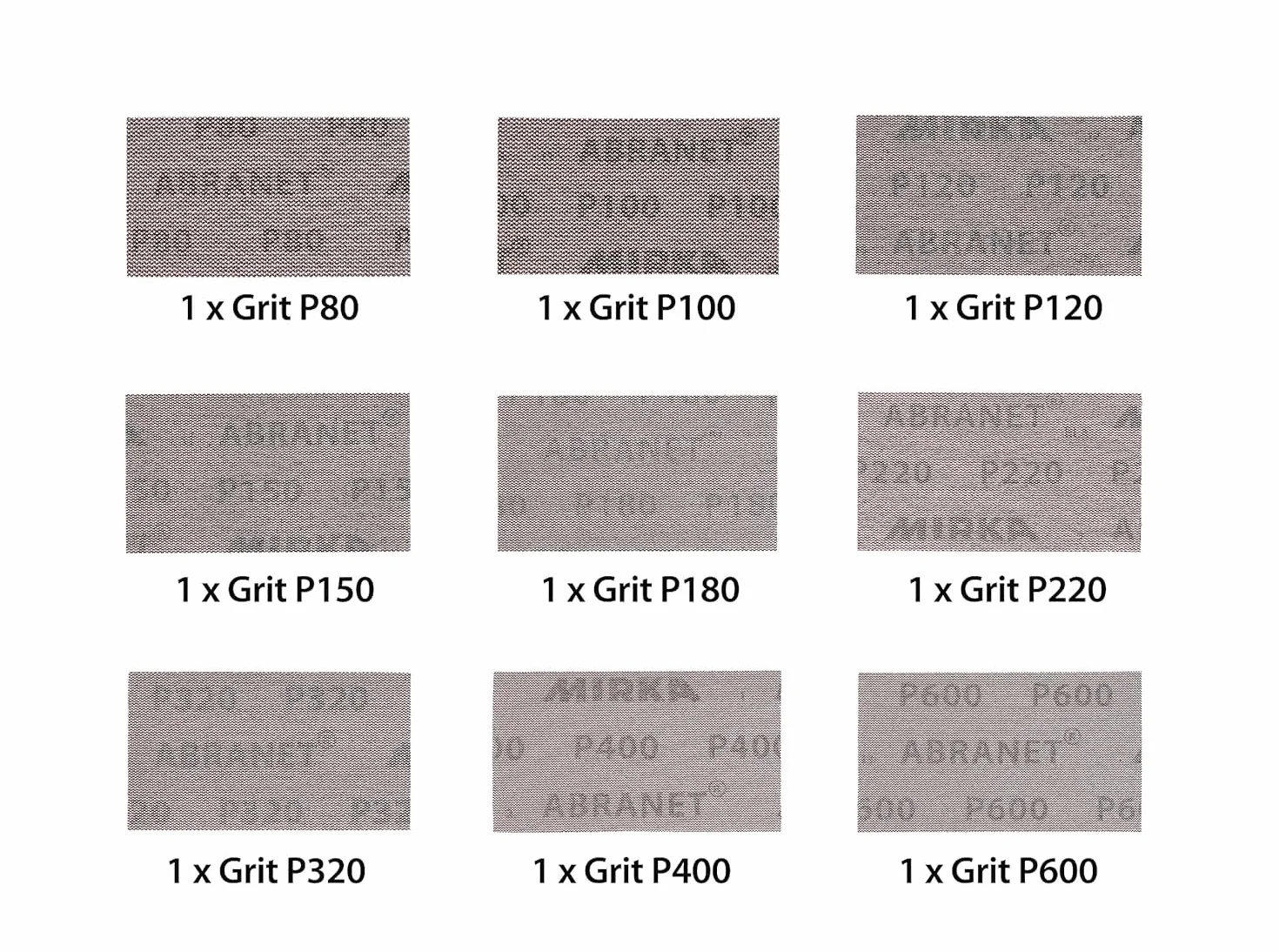 Mirka Abranet - Tiras de lijado de malla (70 mm x 125 mm, cierre adhesivo/mezcla, 1 de cada grano 80, 100, 120, 150, 180, 220, 320, 400, 600/9 uds), para lijado de madera, espátula, barniz