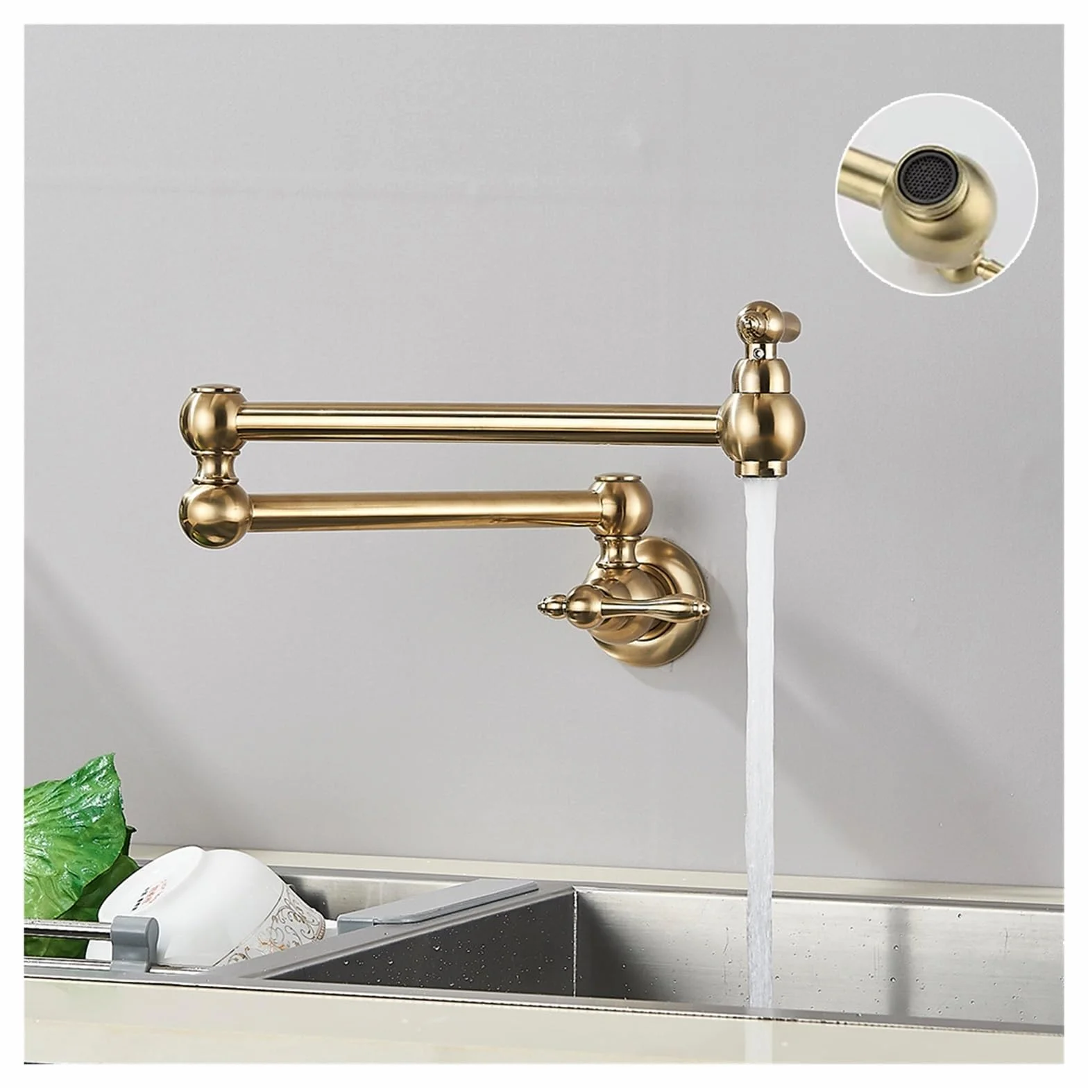 Grifo de llenado de ollas de latón dorado cepillado, grifo de cocina de agua fría montado en pared, caño plegable giratorio