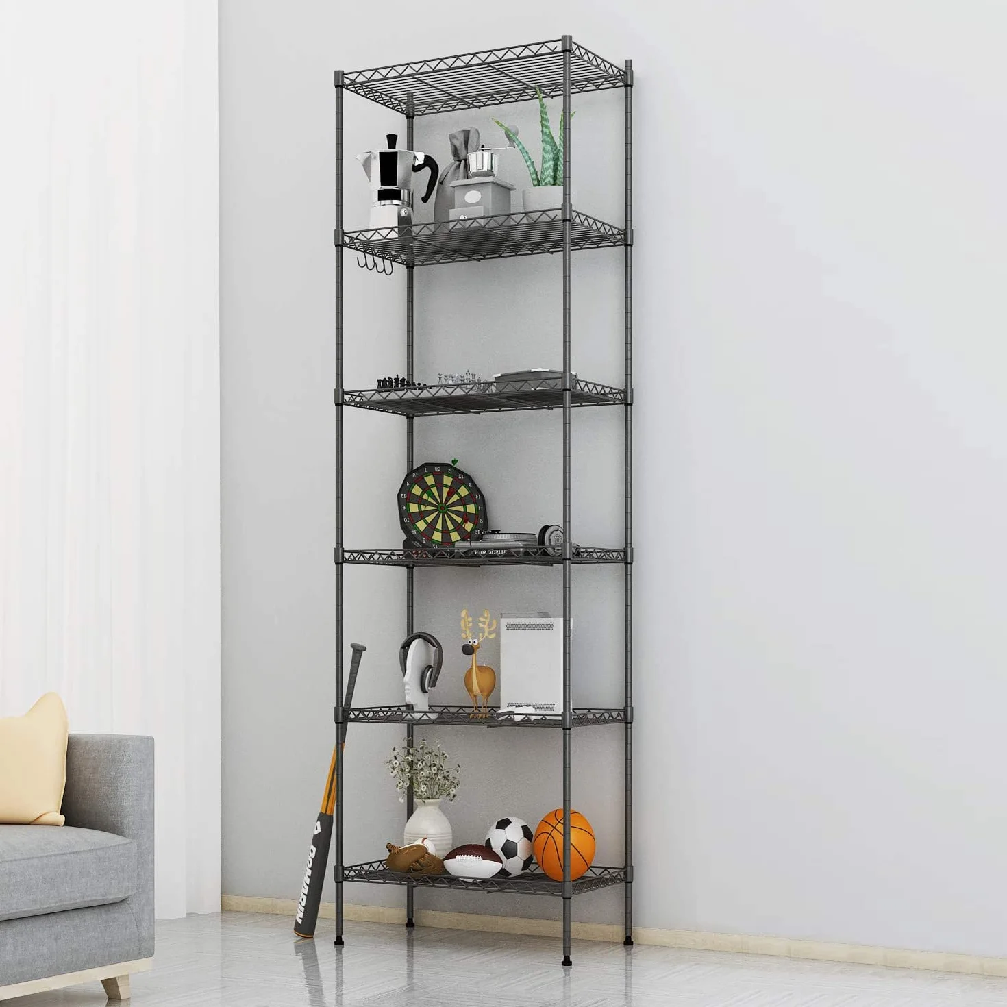 Estanterias almacenaje con 6 baldas,estanteria Metalica con 6 Baldas Ajustables y 4 Ganchos,42 * 30 * 160cm,Negro
