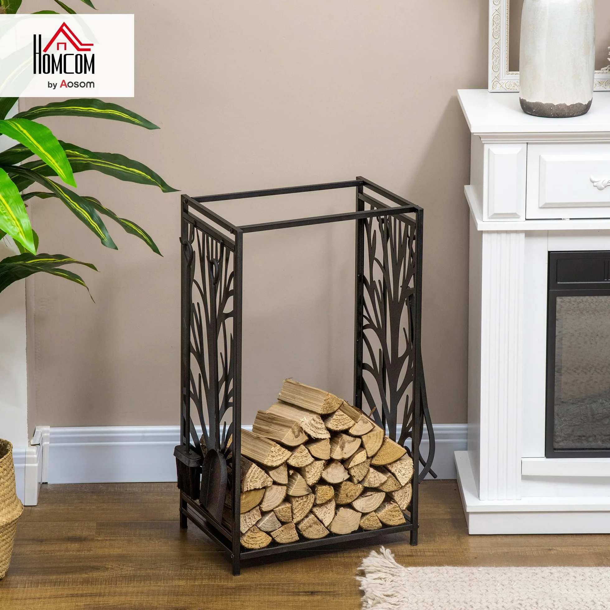HOMCOM Estante para Leña Estantería de Almacenamiento para Chimenea Soporte para Leña con 4 Herramientas para Interior y Exterior 46x30x70 cm Carga 100 kg Negro
