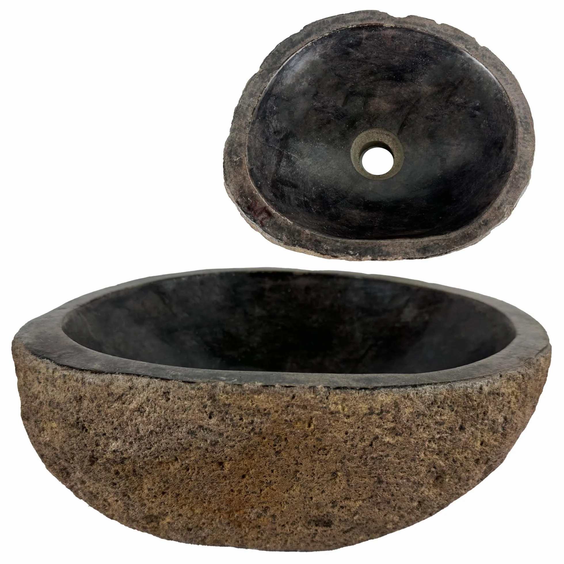 Lavabo Ovalado - Cuenca de Piedra de Río - Fregadero para baño - Forma y color únicos - Piedra Natural - Pulido y sólido (Marrón/Oxidado, 30-35x25-30cm)