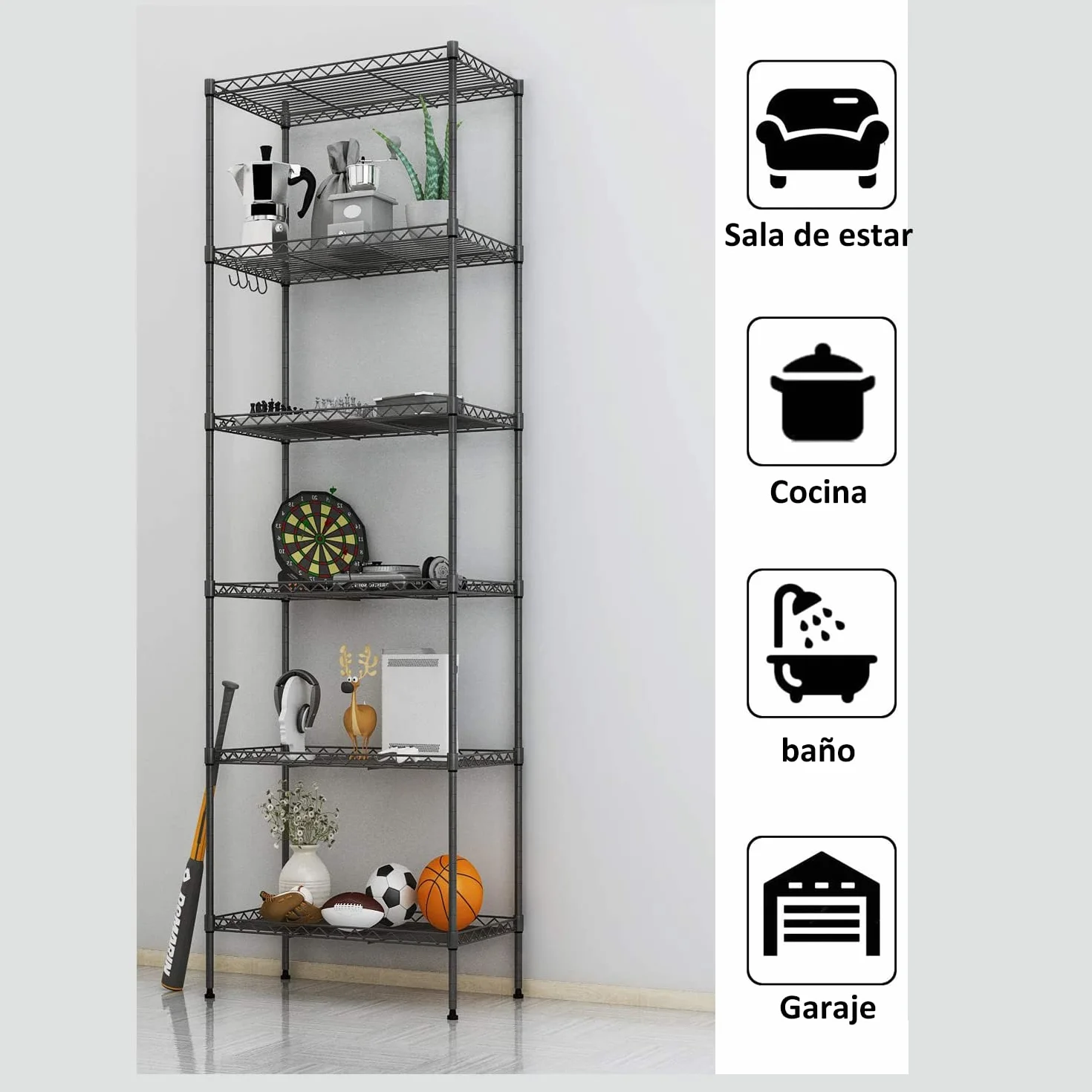 Estanterias almacenaje con 6 baldas,estanteria Metalica con 6 Baldas Ajustables y 4 Ganchos,42 * 30 * 160cm,Negro