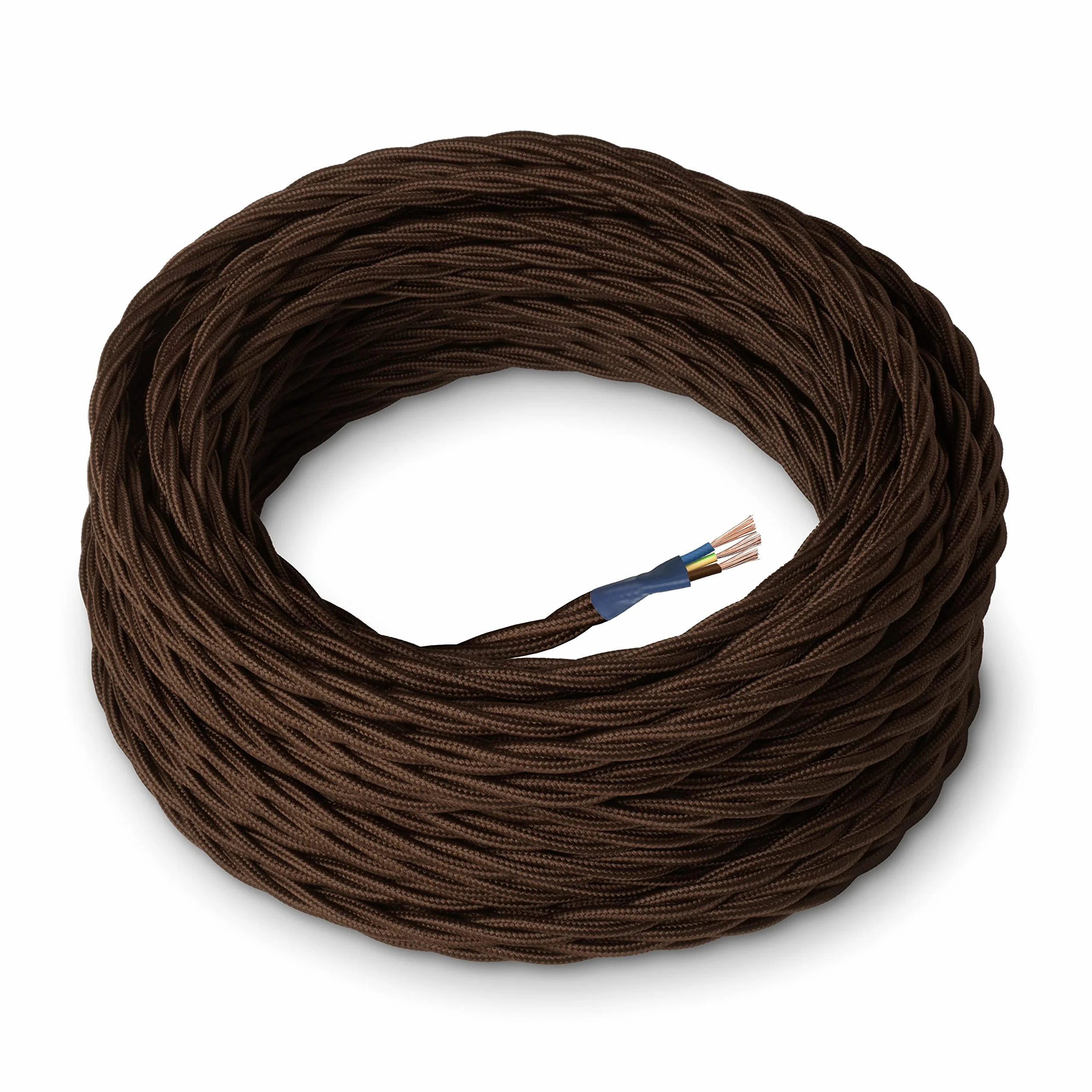 Amarcords - Cable de tela color MARRÓN, trenzado, seda, 10 metros, con tierra 3x0,75 - Hilo eléctrico textil de color estilo clásico para lámparas bricolaje y iluminación vintage.