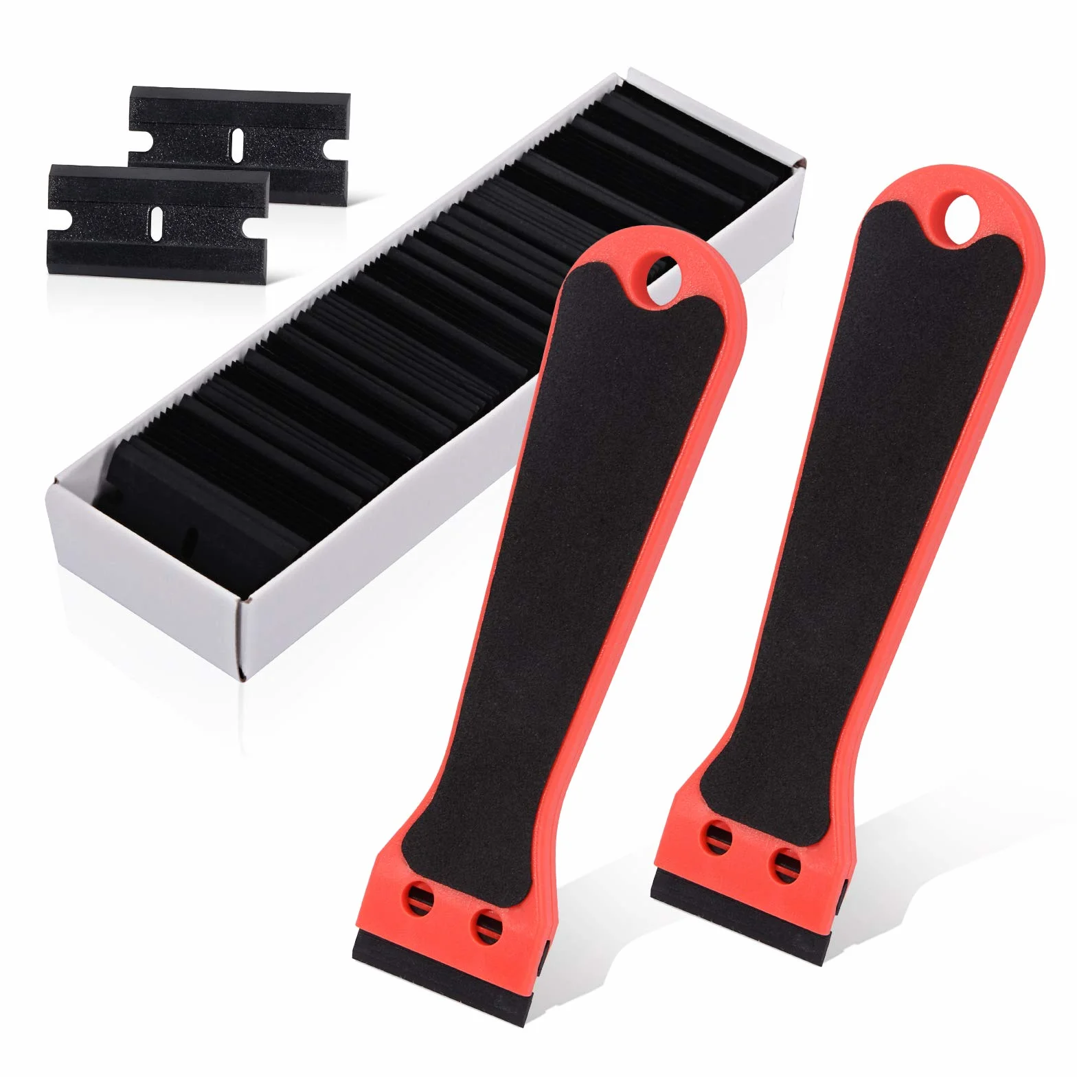 EHDIS 2 Piezas Raspador con 100 Piezas Cuchillas de Plástic, Rascador de Horno, Raspador de Cristal, para Quitar las Etiquetas Engomadas, Pegamento, Adhesiva, rojo