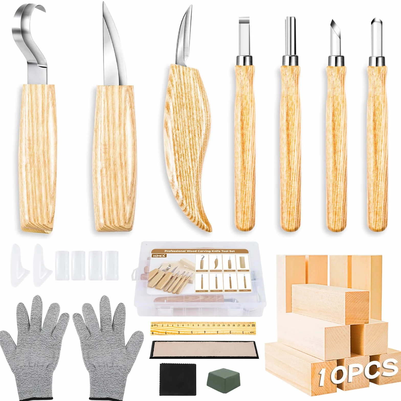 HOMCA Juego de Herramientas para Tallar Madera, 23 en 1, Cuchillo de Madera con Piedras de Afilar, 7 piezas, Juego de Tallado para Adultos y Niños, con Guantes Resistentes a los Cortes registro)