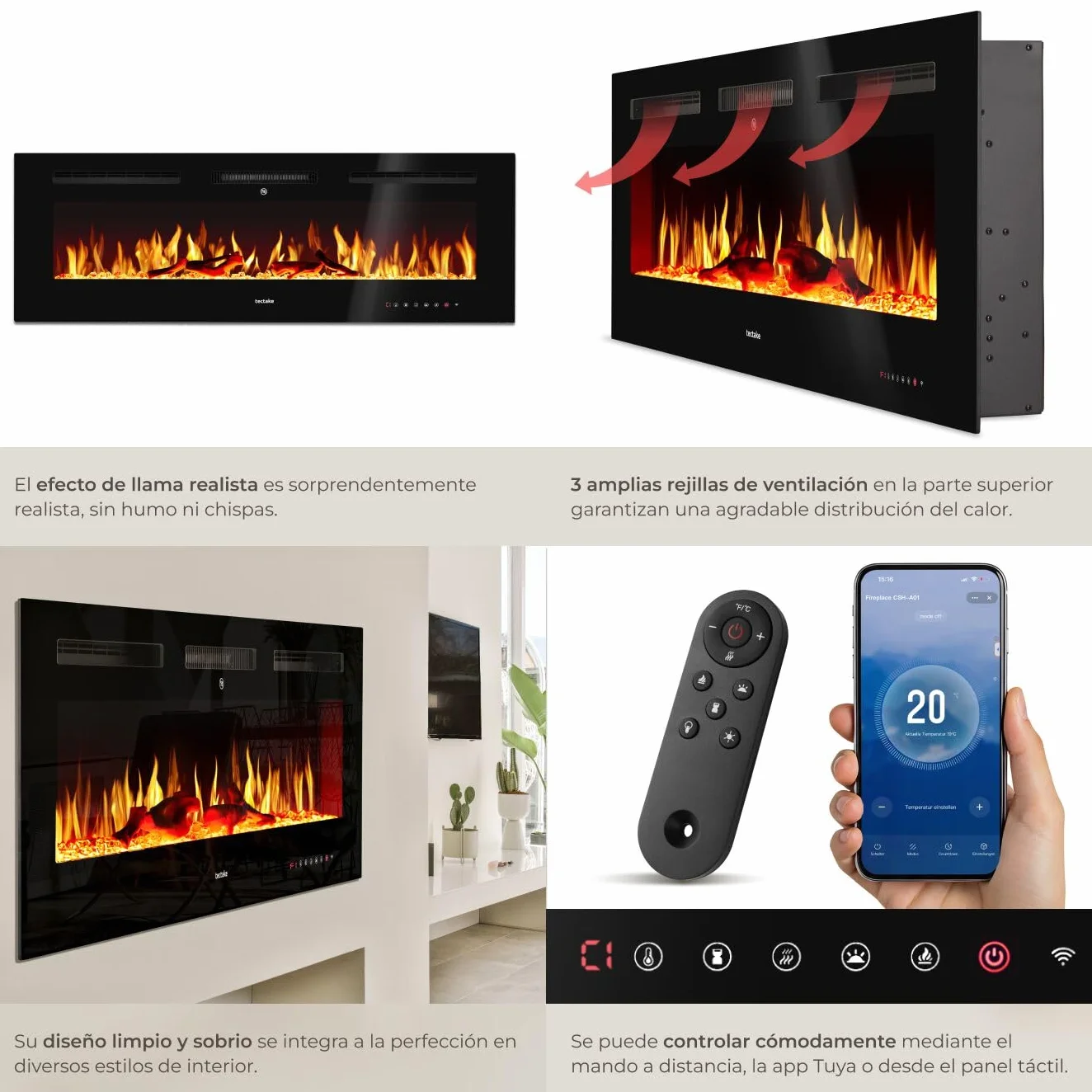tectake® Chimenea Electrica Decorativa con Efecto Llama 3D, 2 Niveles de Calefacción, Control Remoto, Chimenea Eléctrica con Termostato Integrado, Protección Sobrecalentamiento - 12 x 127 x 43 cm