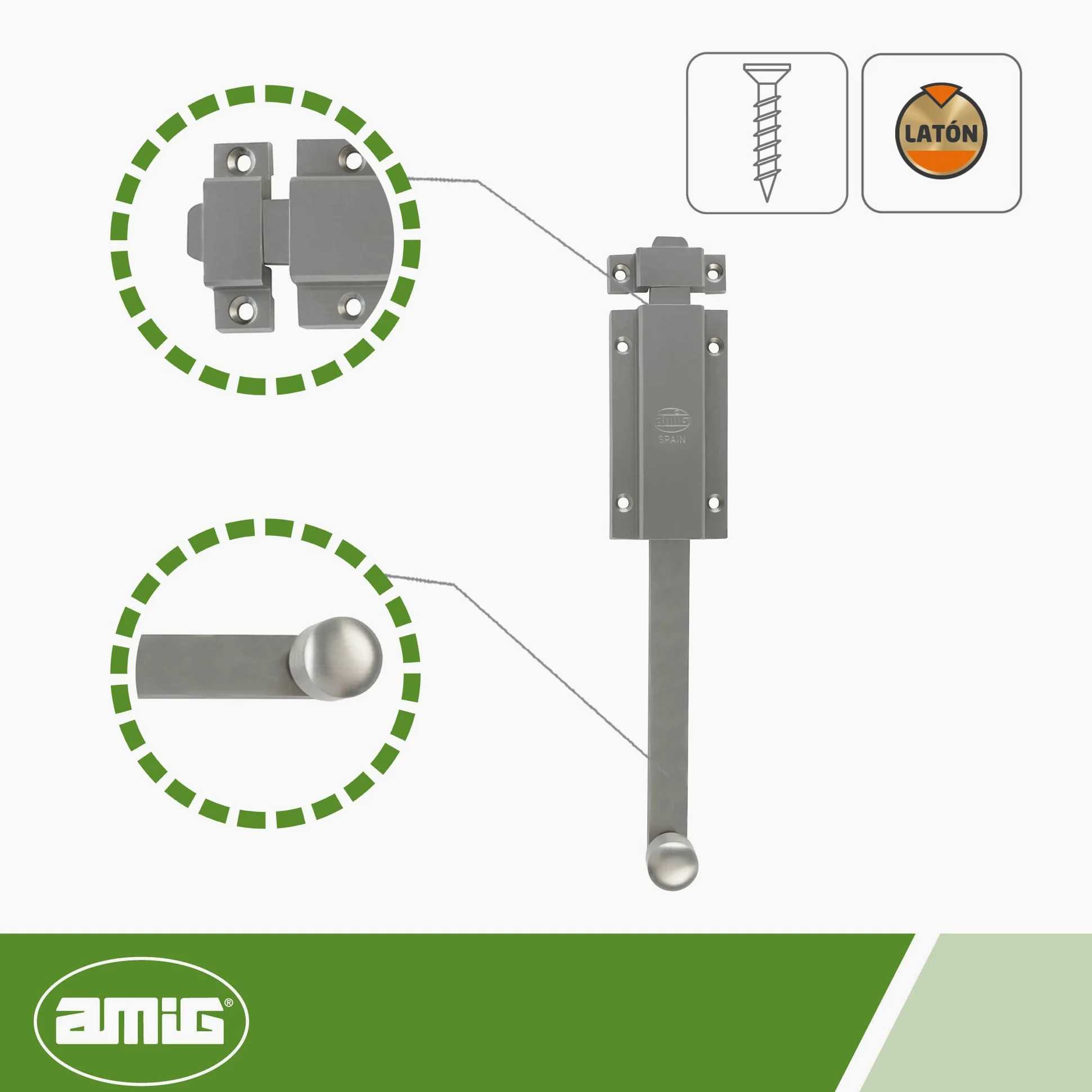Amig - Pasador de Sobreponer para Puertas Mod.3700 - Pestillo de Seguridad Plateado para Colocar Horizontal o Vertical - De Latón Acabado en Cromado Mate - Medidas: 150 x 48 mm - Incluye Tornillos