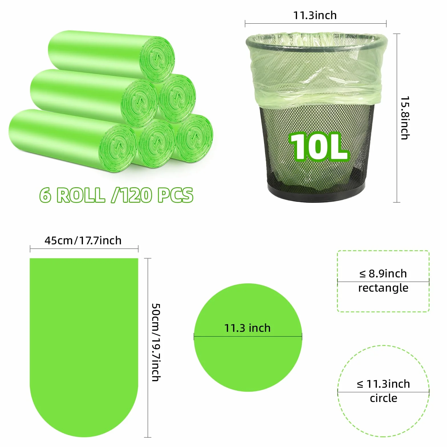 Bolsas de basura orgánicas 10 L 120 unidades biodegradables resistentes al desgarro impermeables W45x50 cm verde
