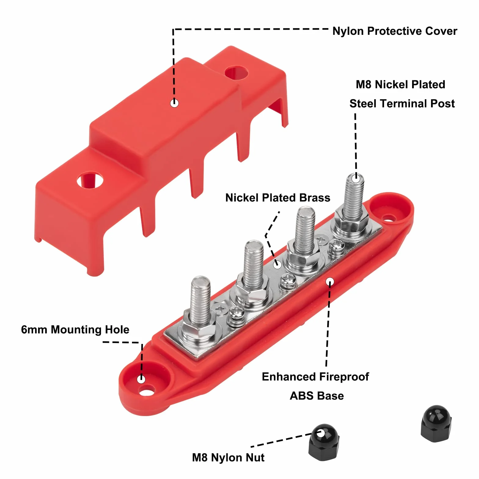 QIMEI-SHOP Bloques de Distribución de Energía 12V-48V Caja de Distribución de Barra Colectora 250A BusBar con 4 Pernos de Terminal M8 para Automóvile Barco Rojo Negro 2 Piezas