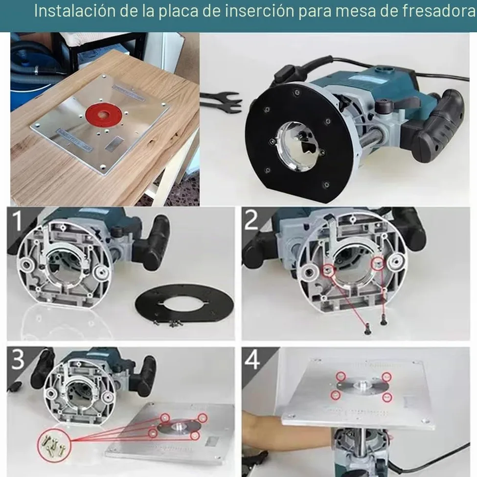 Fresadora de mesa con placa de inserción, router de aluminio, placa de inserción, con función de elevación, router, con 2 anillos y tornillos para rebajadora, trabajo de madera, 300 x 235 x 9,5 mm