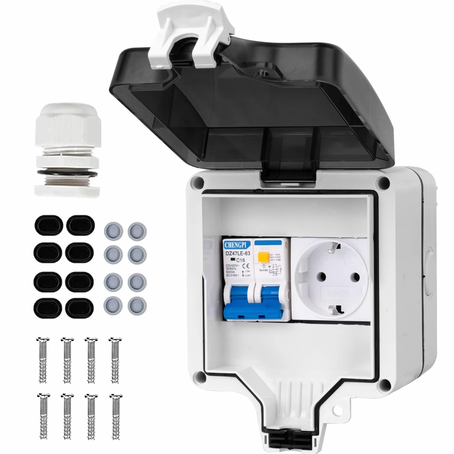 Caja Distribucion Electrica Montada En Superficie, Cuadro Electrico Premontado con Protección Contra Fugas 16A y Enchufe, Caja de Distribución Impermeable IP66|4 Módulos